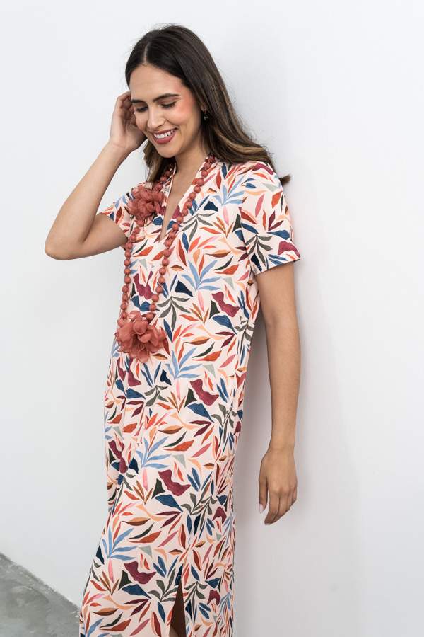 VESTIDO FUELLE HOJAS COLOR
