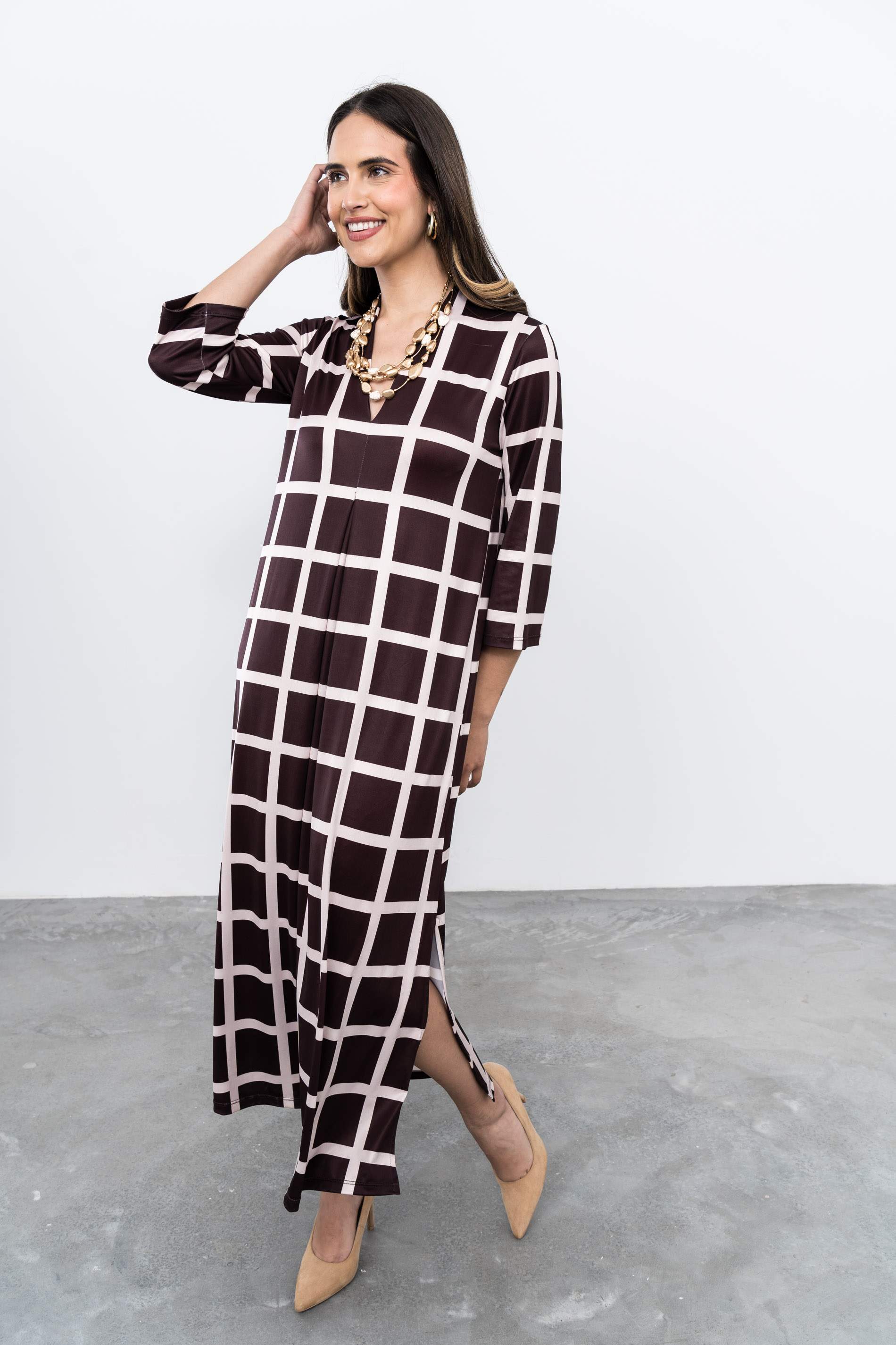 VESTIDO FUELLE CUADROS MANGA FRANCESA