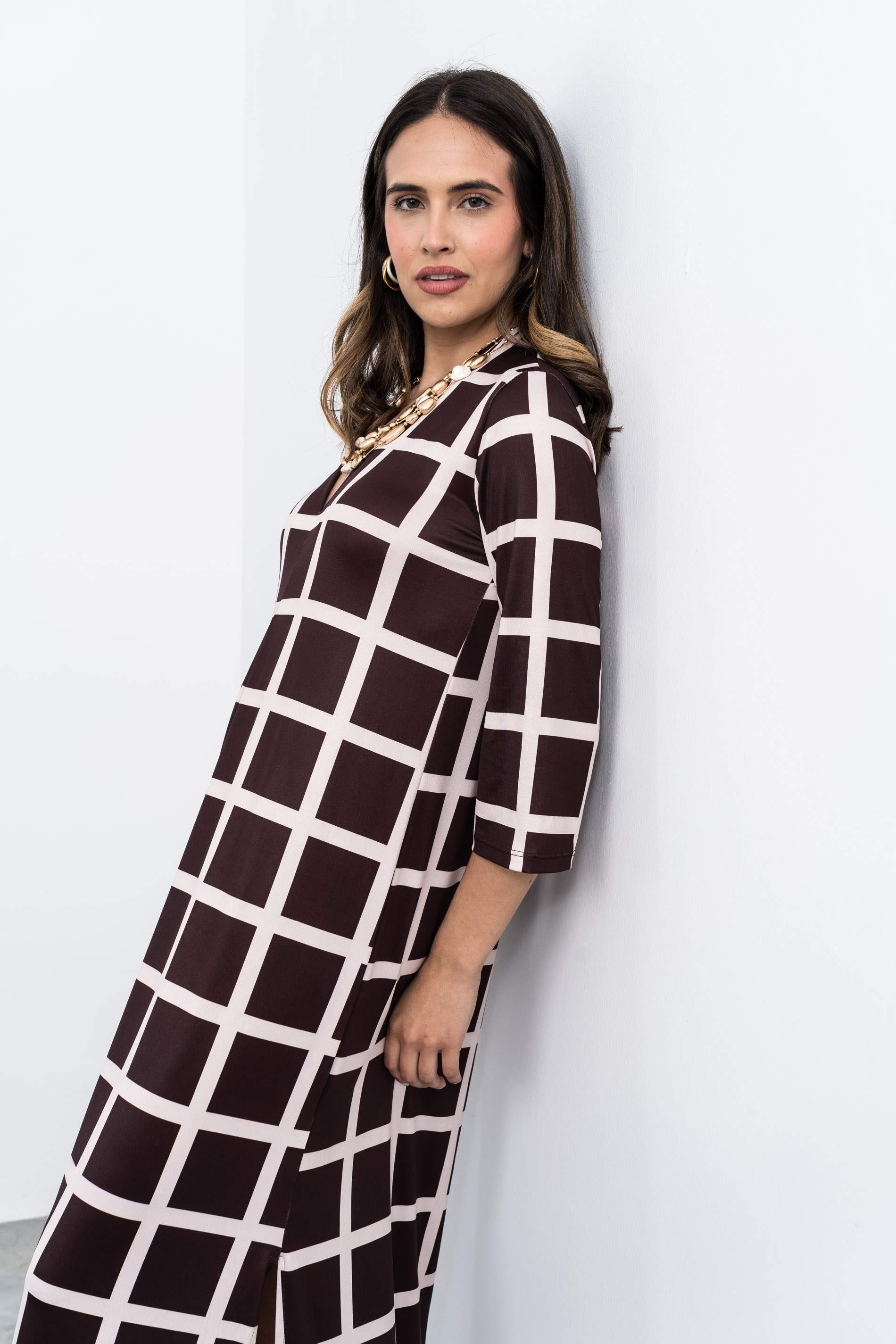 VESTIDO FUELLE CUADROS MANGA FRANCESA