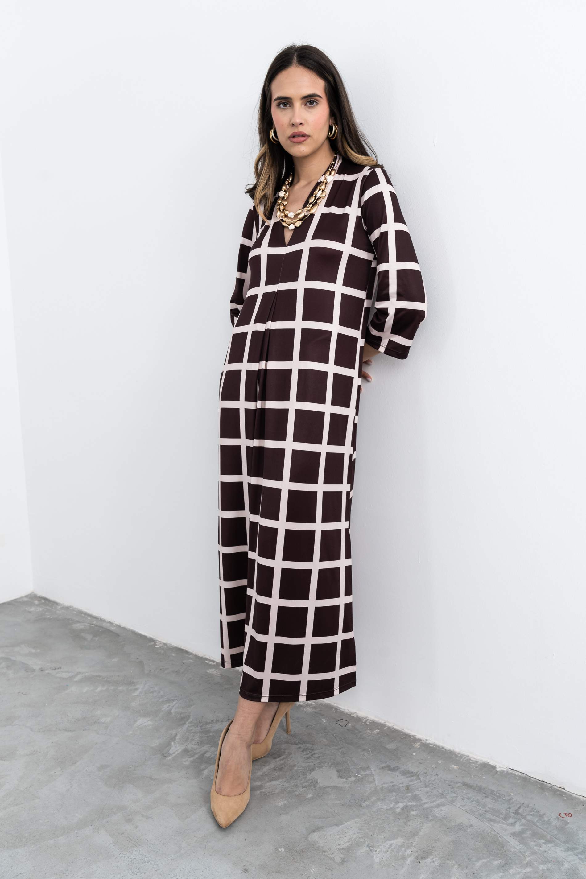 VESTIDO FUELLE CUADROS MANGA FRANCESA