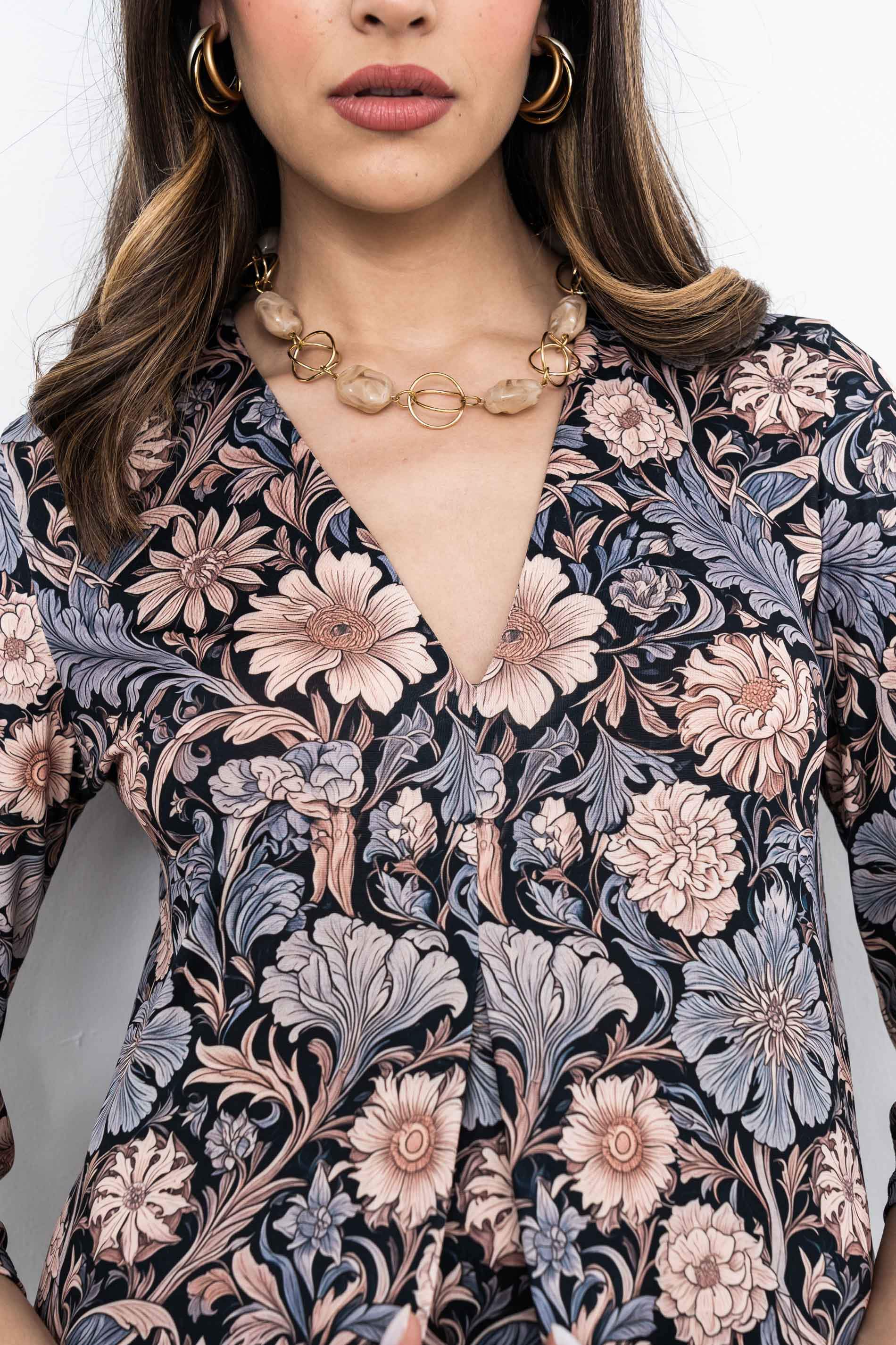 VESTIDO FUELLE CUELLO PICO FLORAL