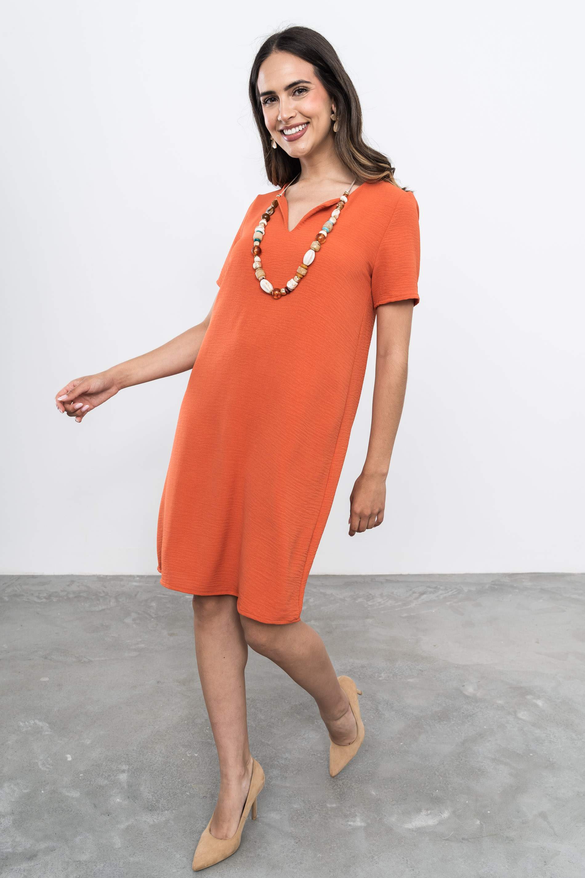 VESTIDO CUELLO UVE TEJA