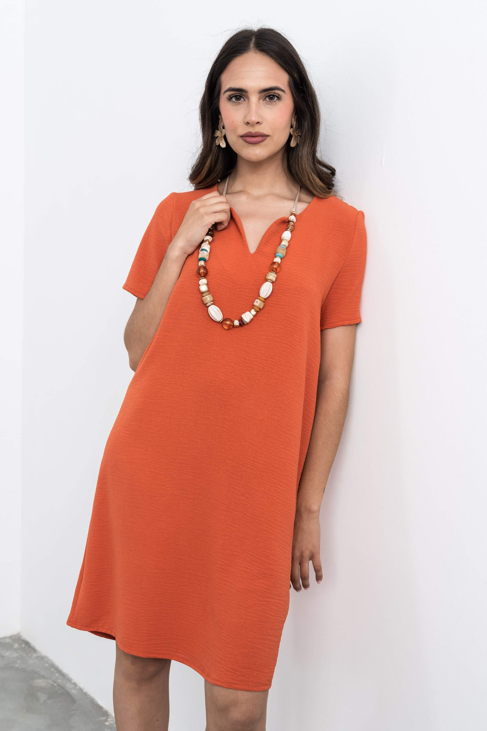 VESTIDO CUELLO UVE TEJA