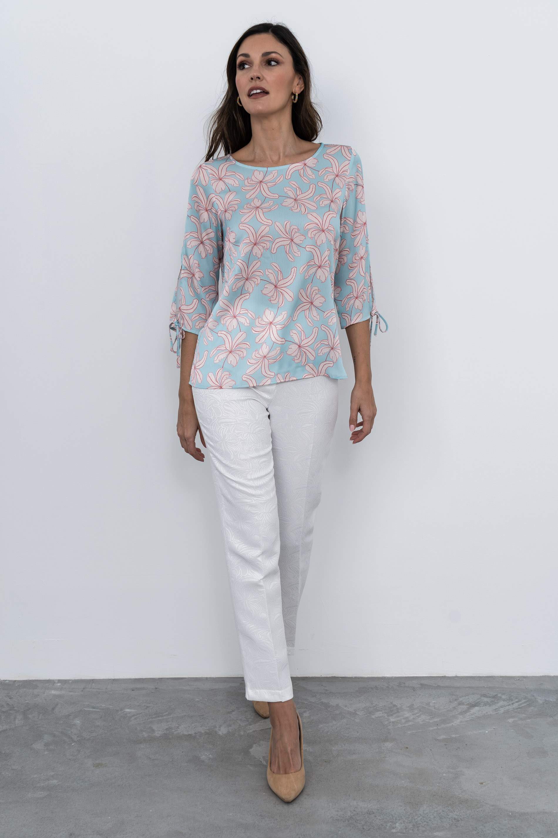 BLUSA HOJAS MANGA LACITOS AGUA