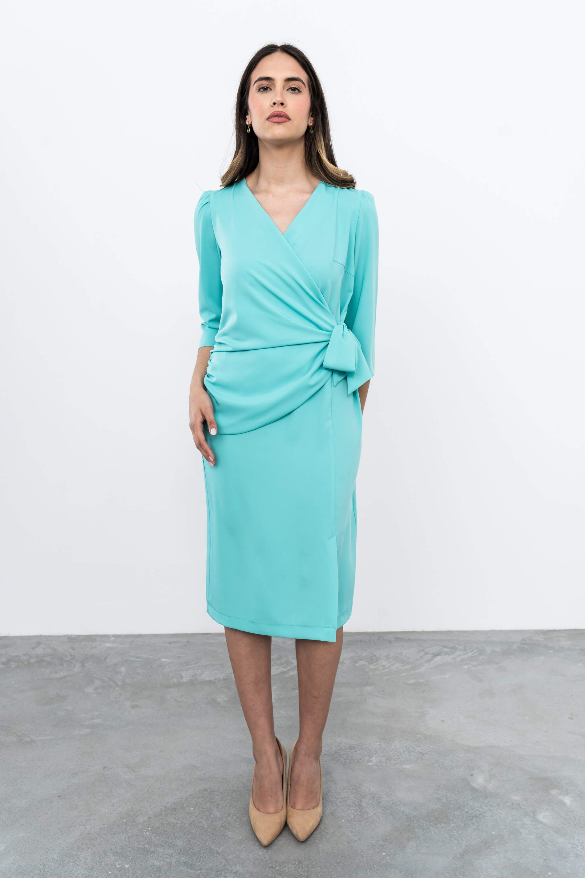 VESTIDO FRUNCES LAZADA TURQUESA