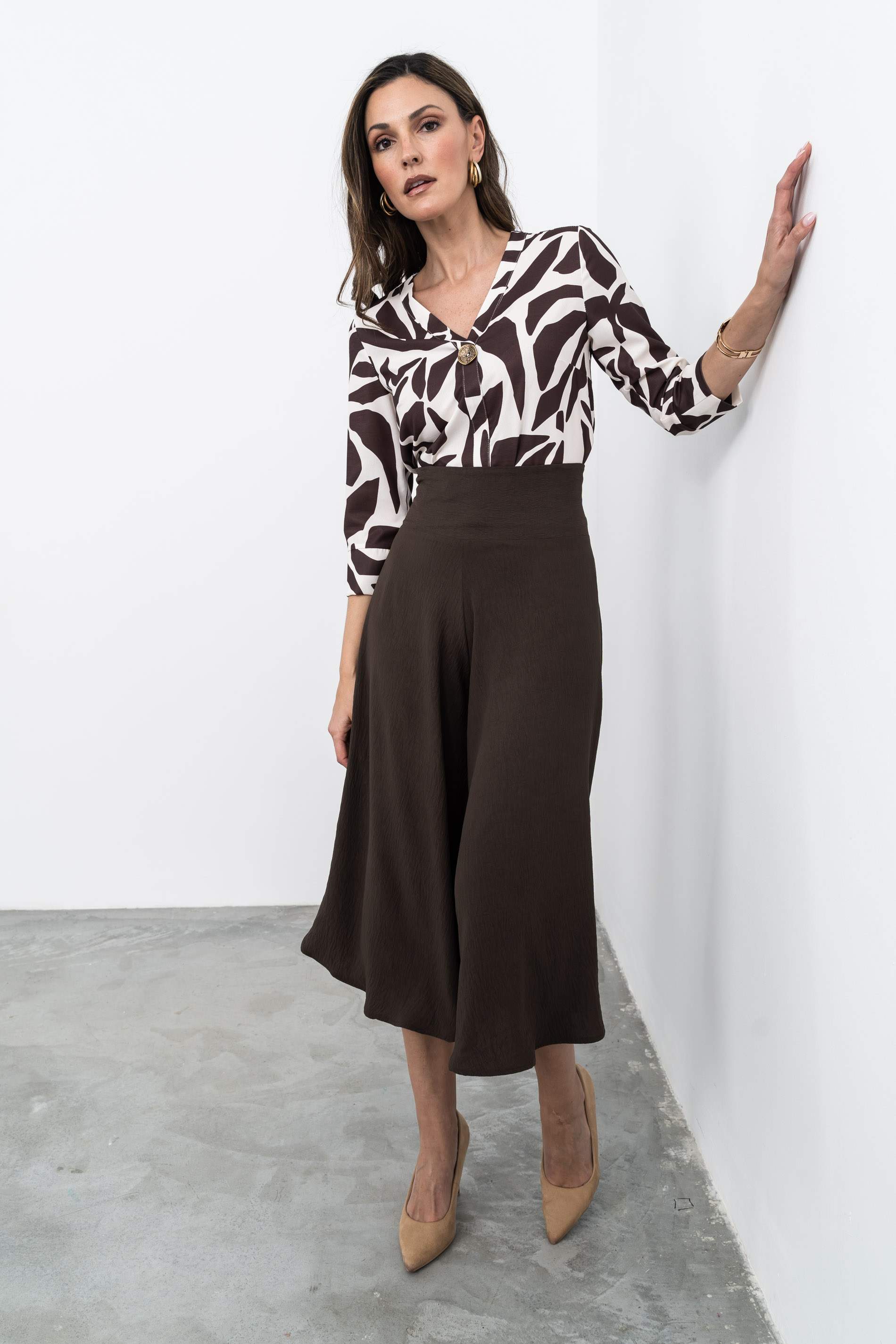 BLUSA BICOLOR BOTÓN CHOCOLATE