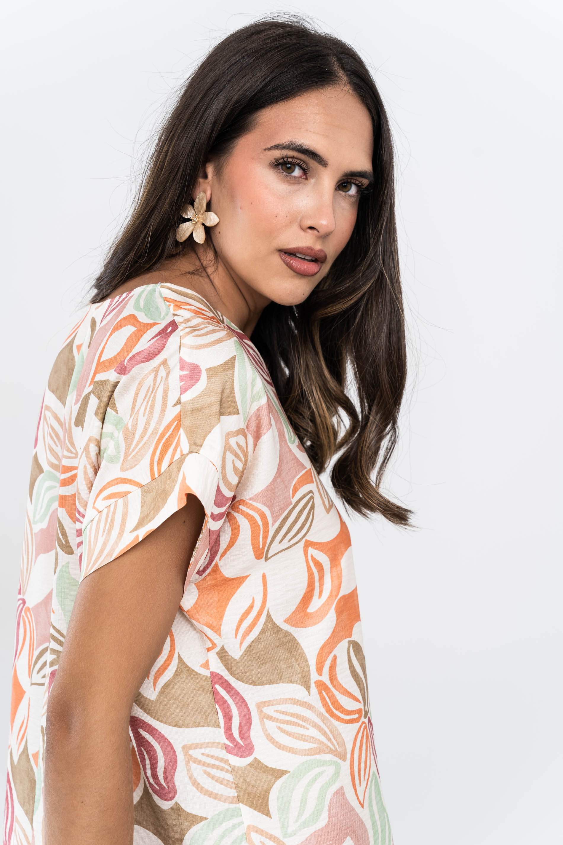 VESTIDO MANGA VUELTA HOJAS NUDE