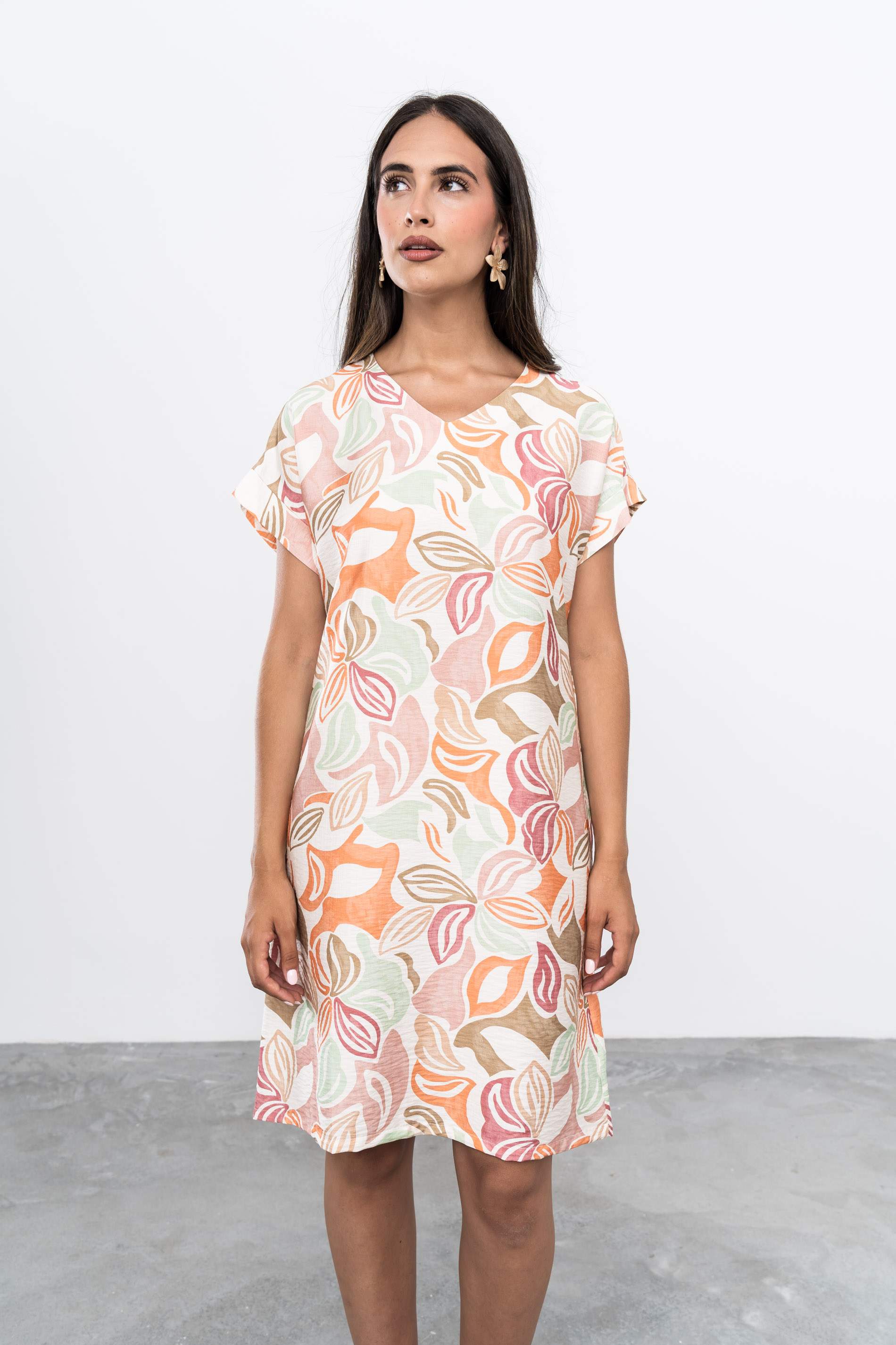 VESTIDO MANGA VUELTA HOJAS NUDE