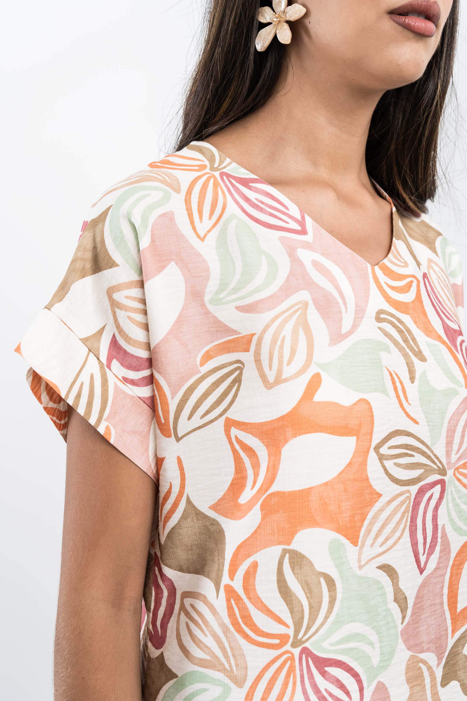 VESTIDO MANGA VUELTA HOJAS NUDE