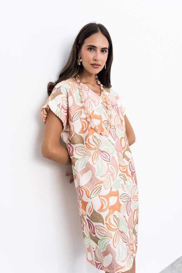 VESTIDO MANGA VUELTA HOJAS NUDE