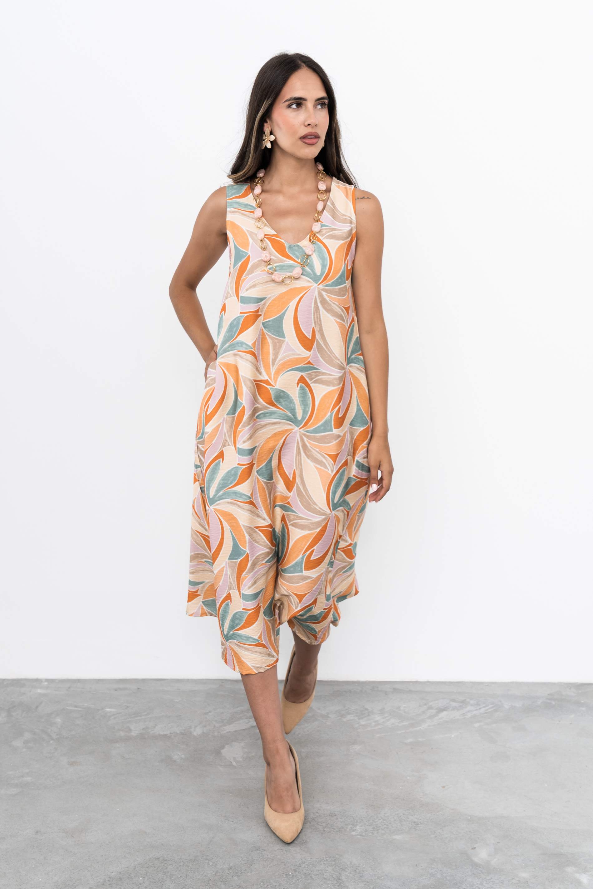 VESTIDO MIDI ESTAMPADO HOHAS MANDARINA