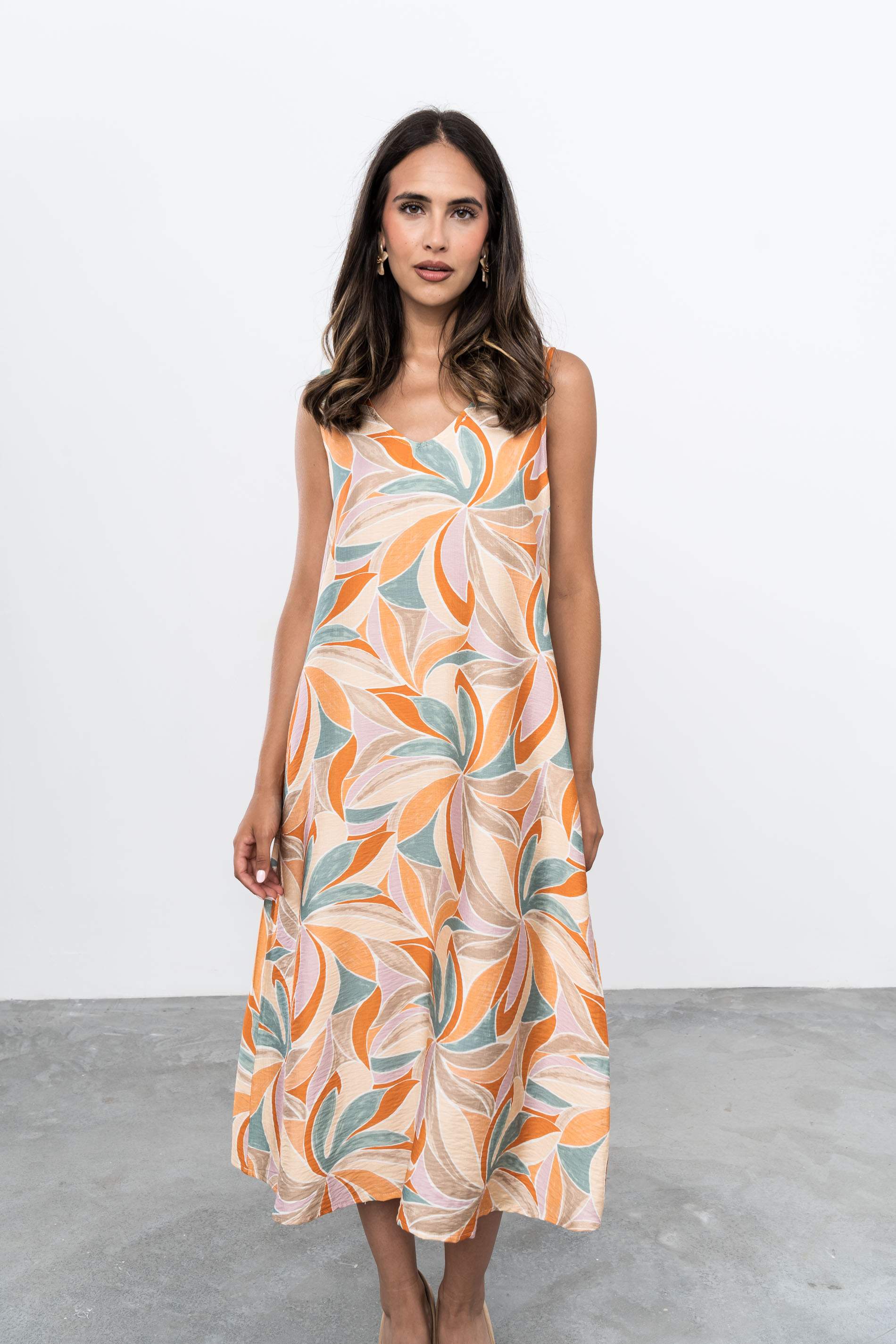 VESTIDO MIDI ESTAMPADO HOHAS MANDARINA