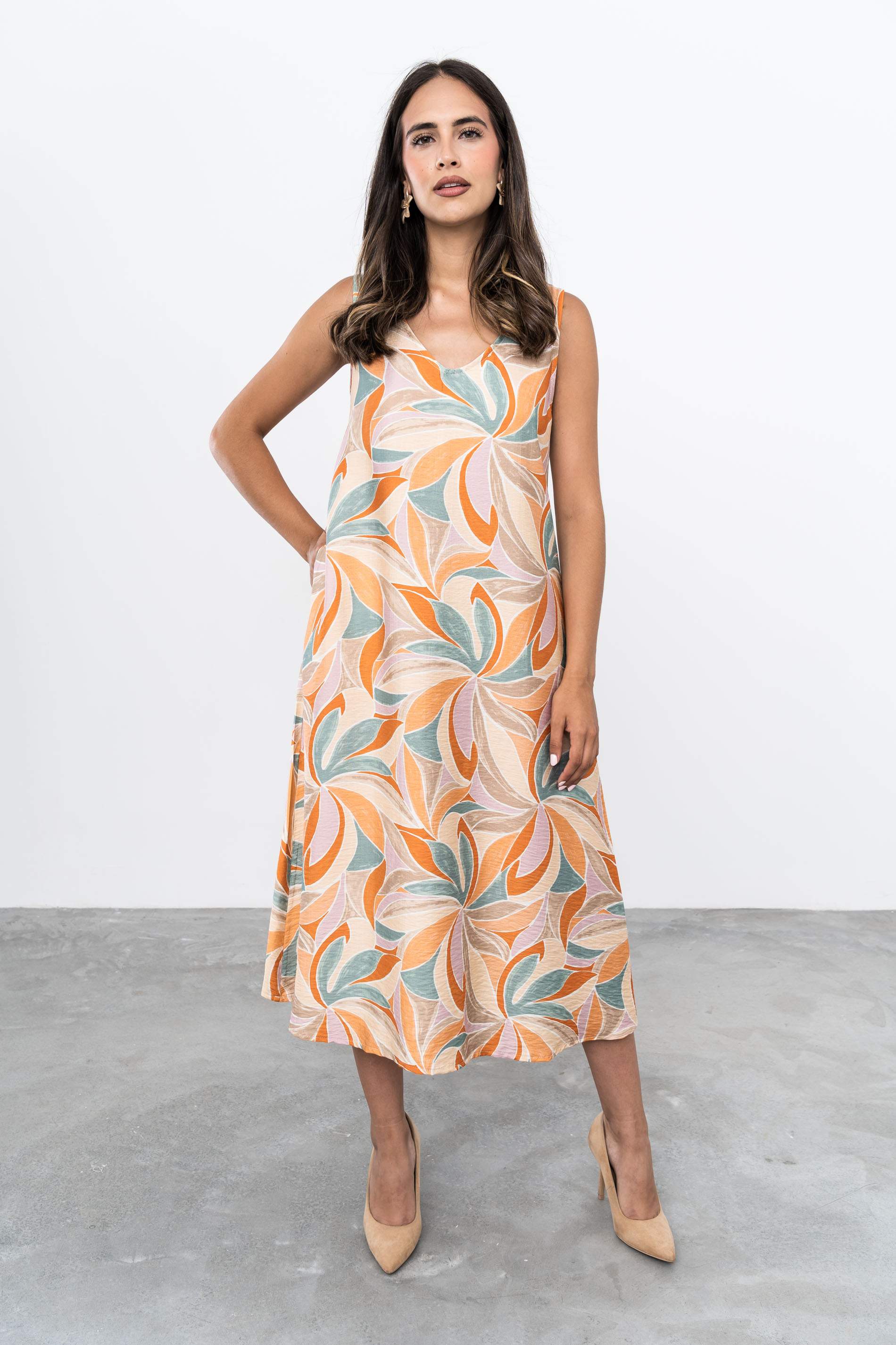 VESTIDO MIDI ESTAMPADO HOHAS MANDARINA