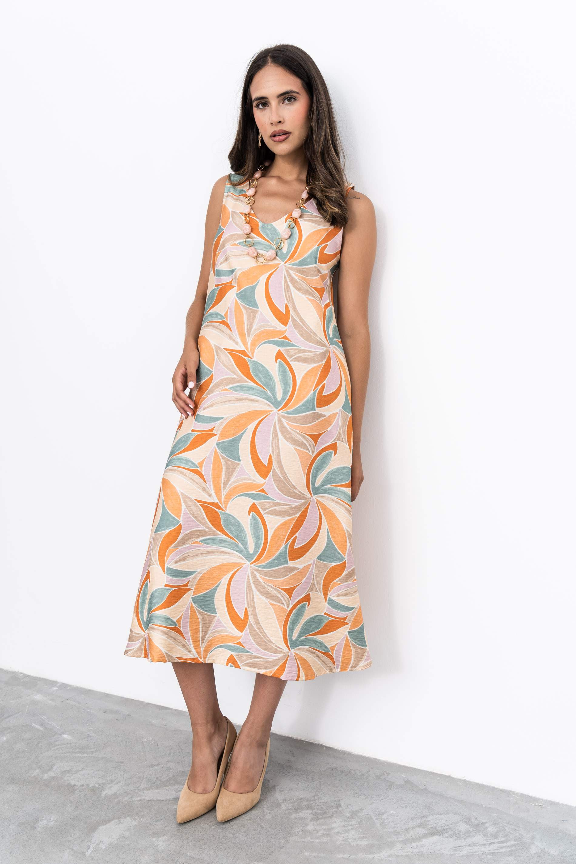 VESTIDO MIDI ESTAMPADO HOHAS MANDARINA