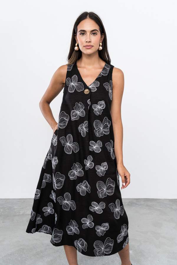 VESTIDO BORDADO FLORES BOTÓN NEGRO