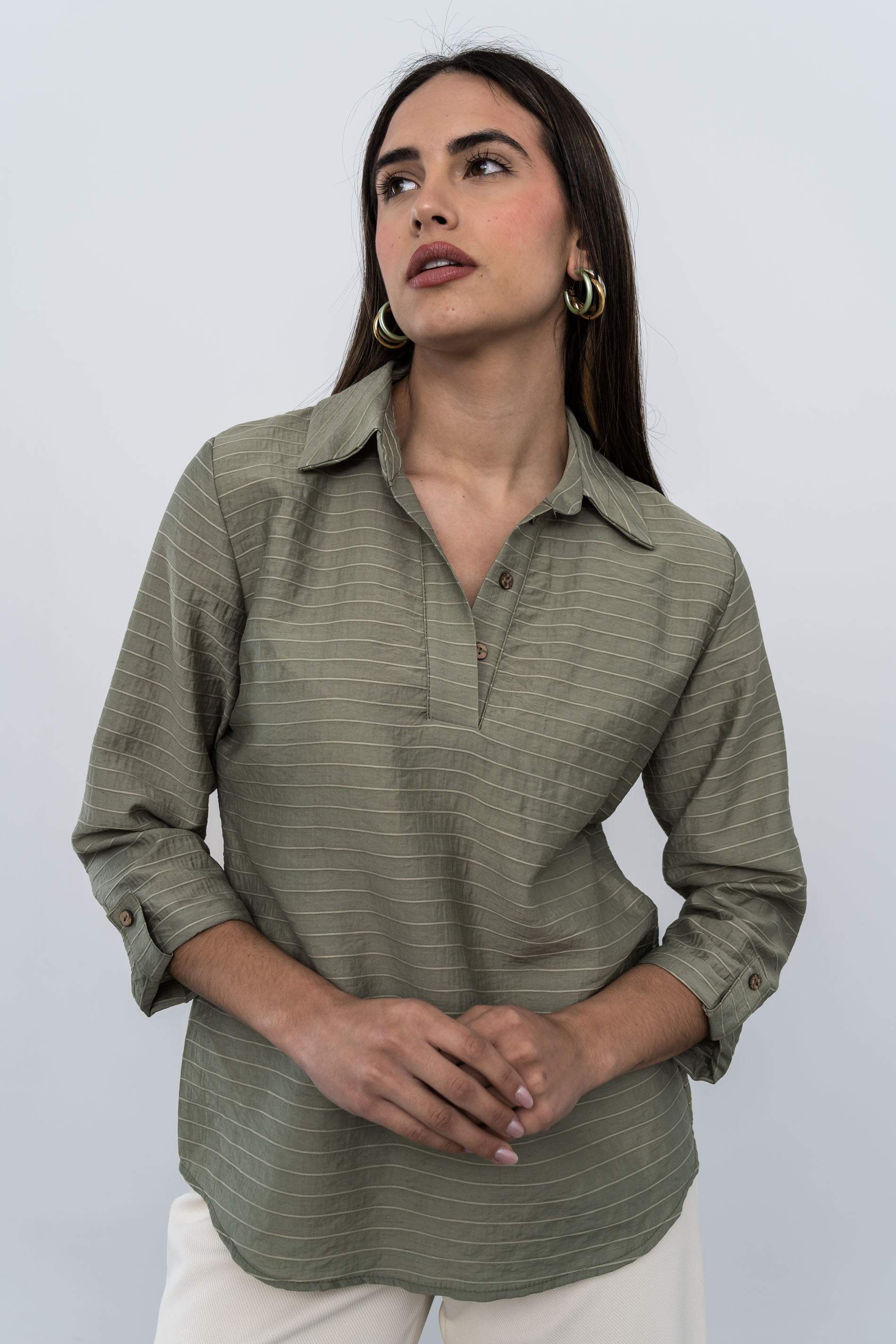 BLUSA CAMISERA TEJIDO RÚSTICO KAKI