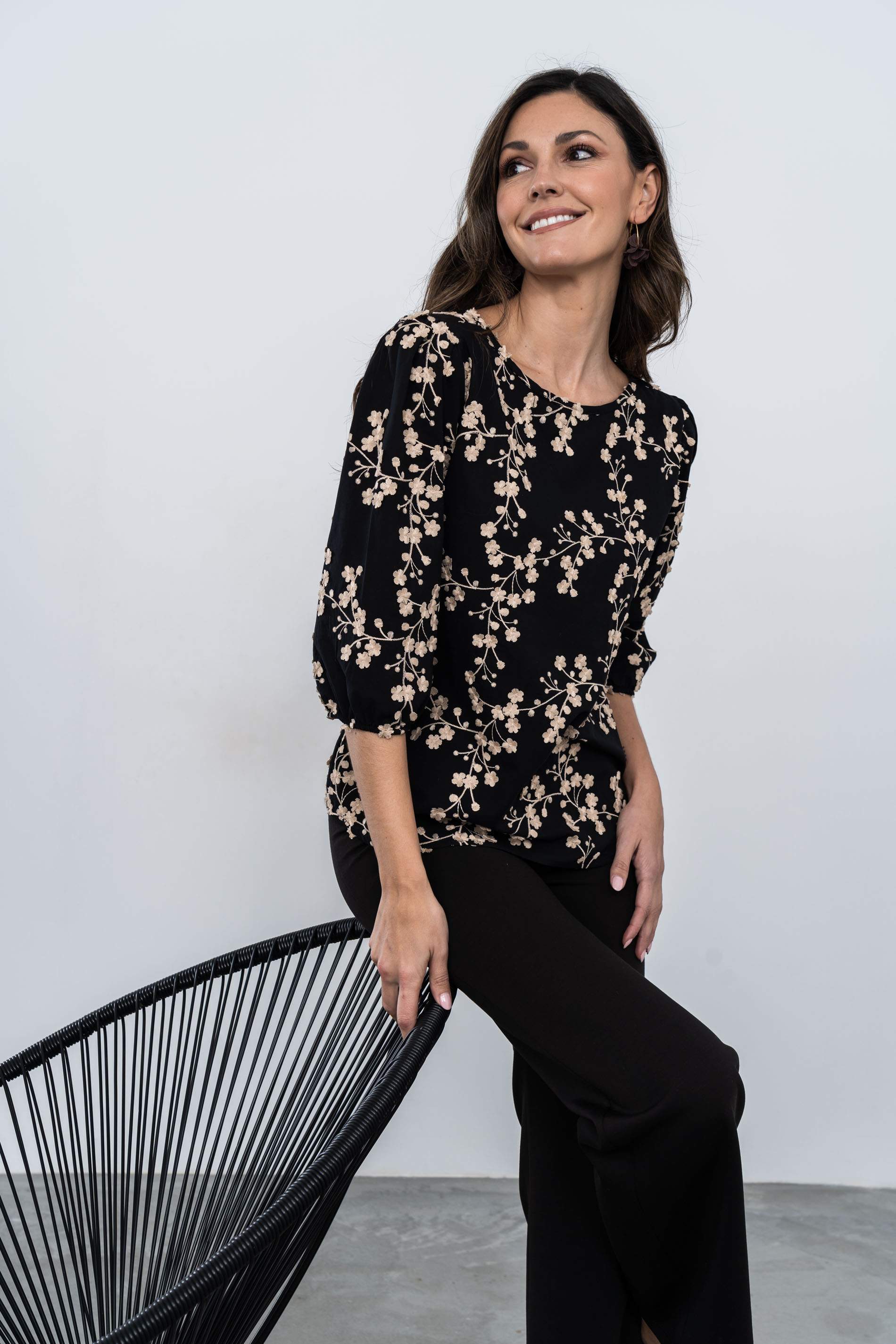 BLUSA TEJIDO FANTASÍA RAMILLETE NEGRO