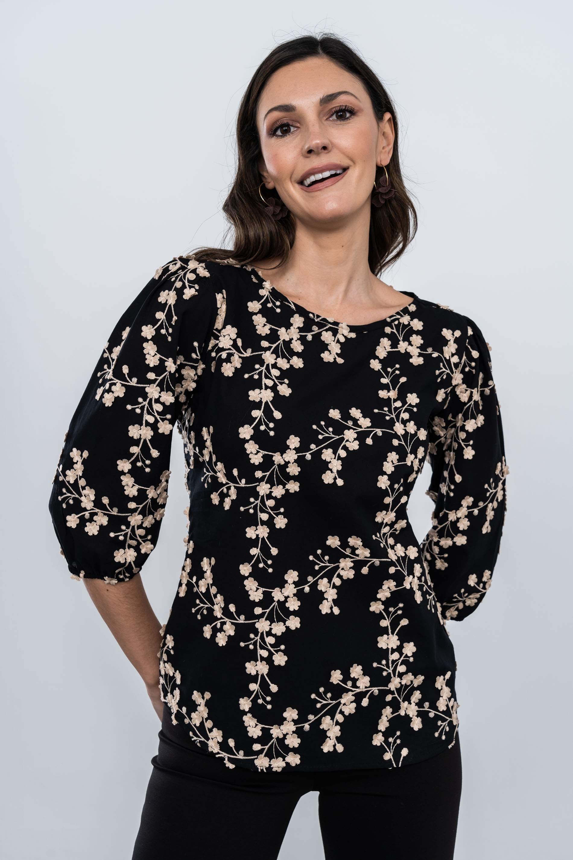 BLUSA TEJIDO FANTASÍA RAMILLETE NEGRO