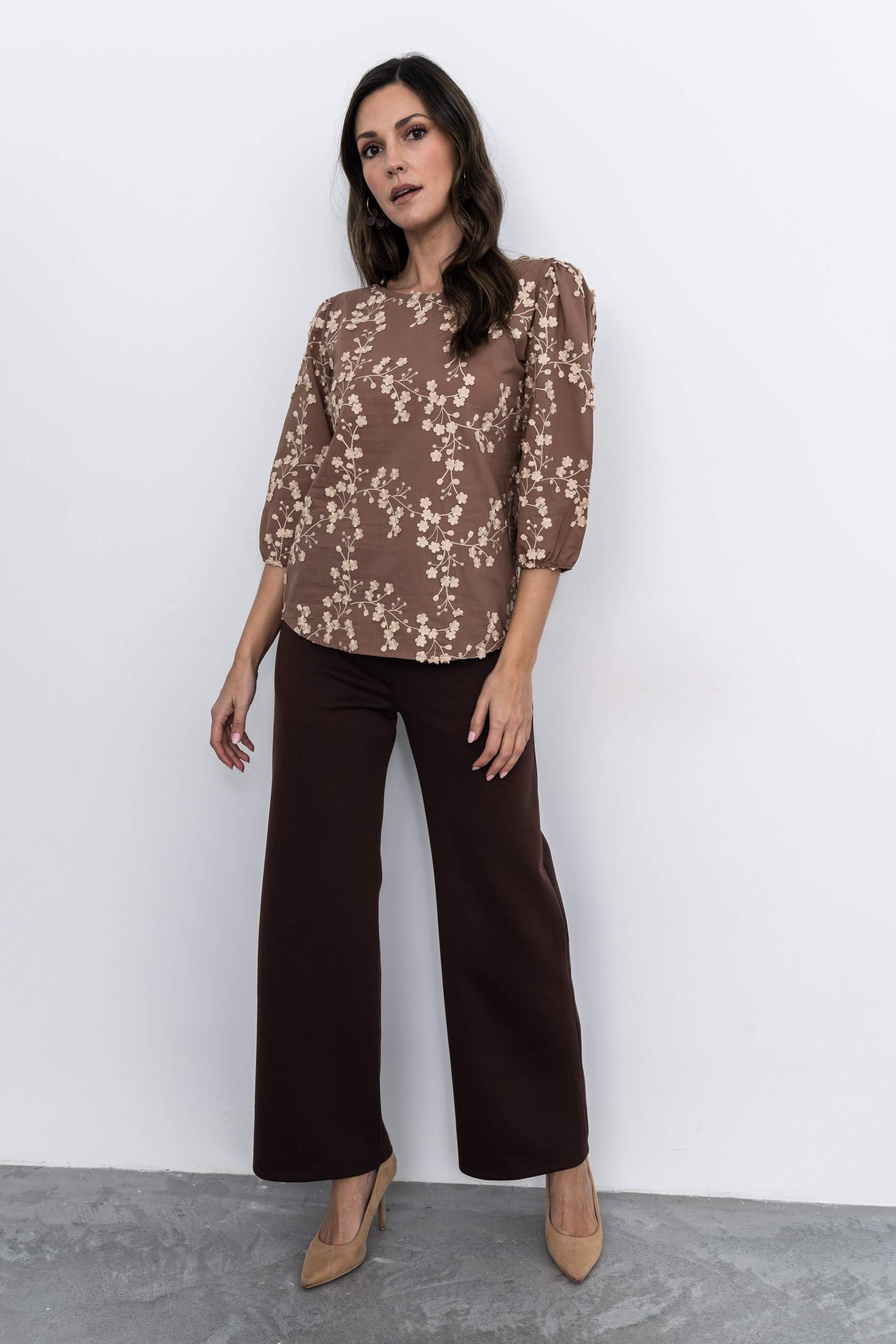 BLUSA TEJIDO FANTASÍA RAMILLETES CHOCOLATE