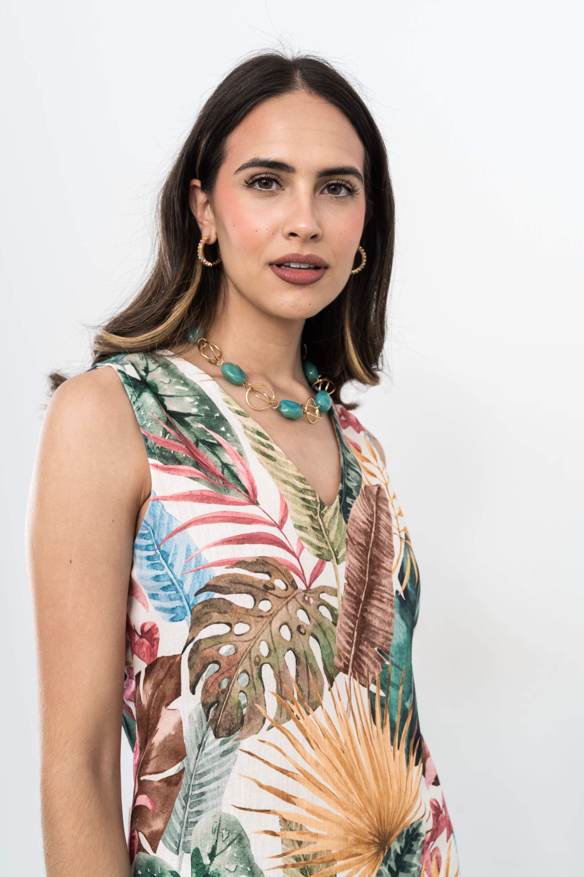 VESTIDO EFECTO LINO HOJAS