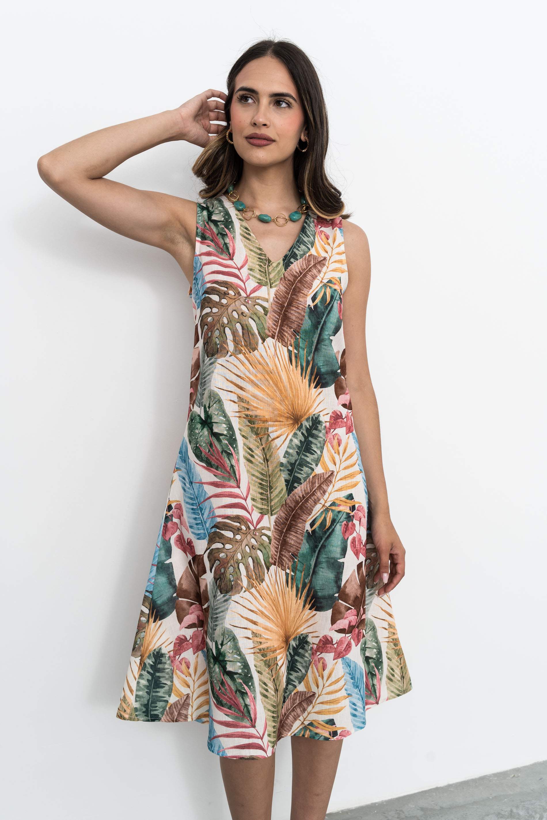 VESTIDO EFECTO LINO HOJAS