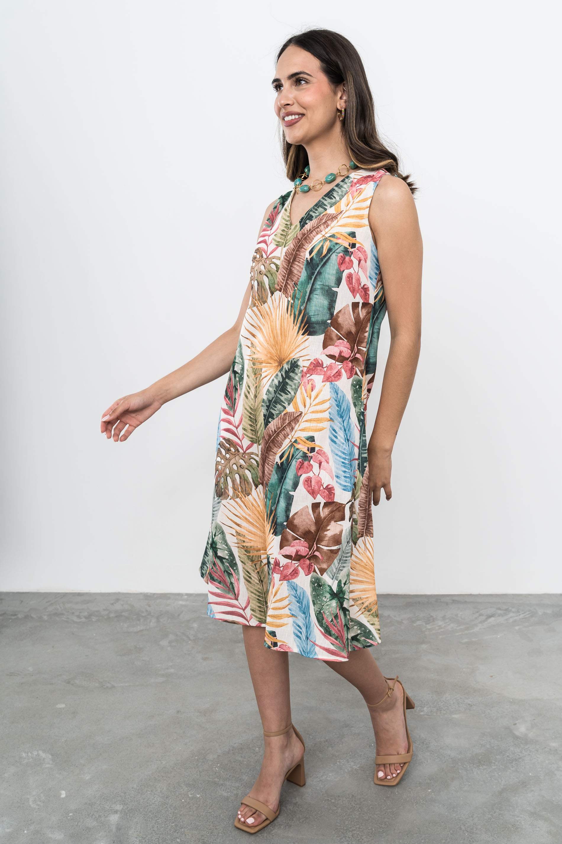 VESTIDO EFECTO LINO HOJAS