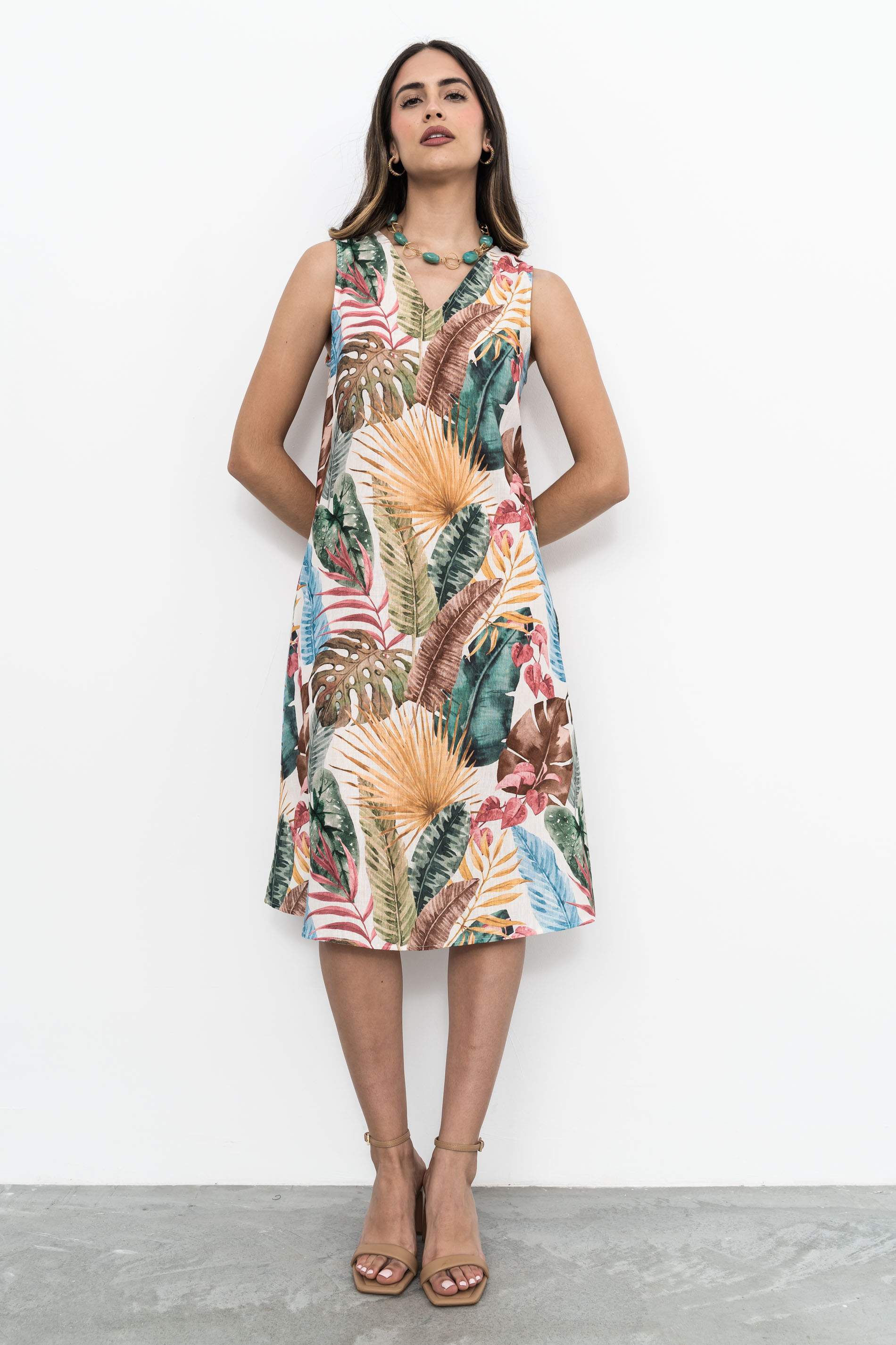 VESTIDO EFECTO LINO HOJAS
