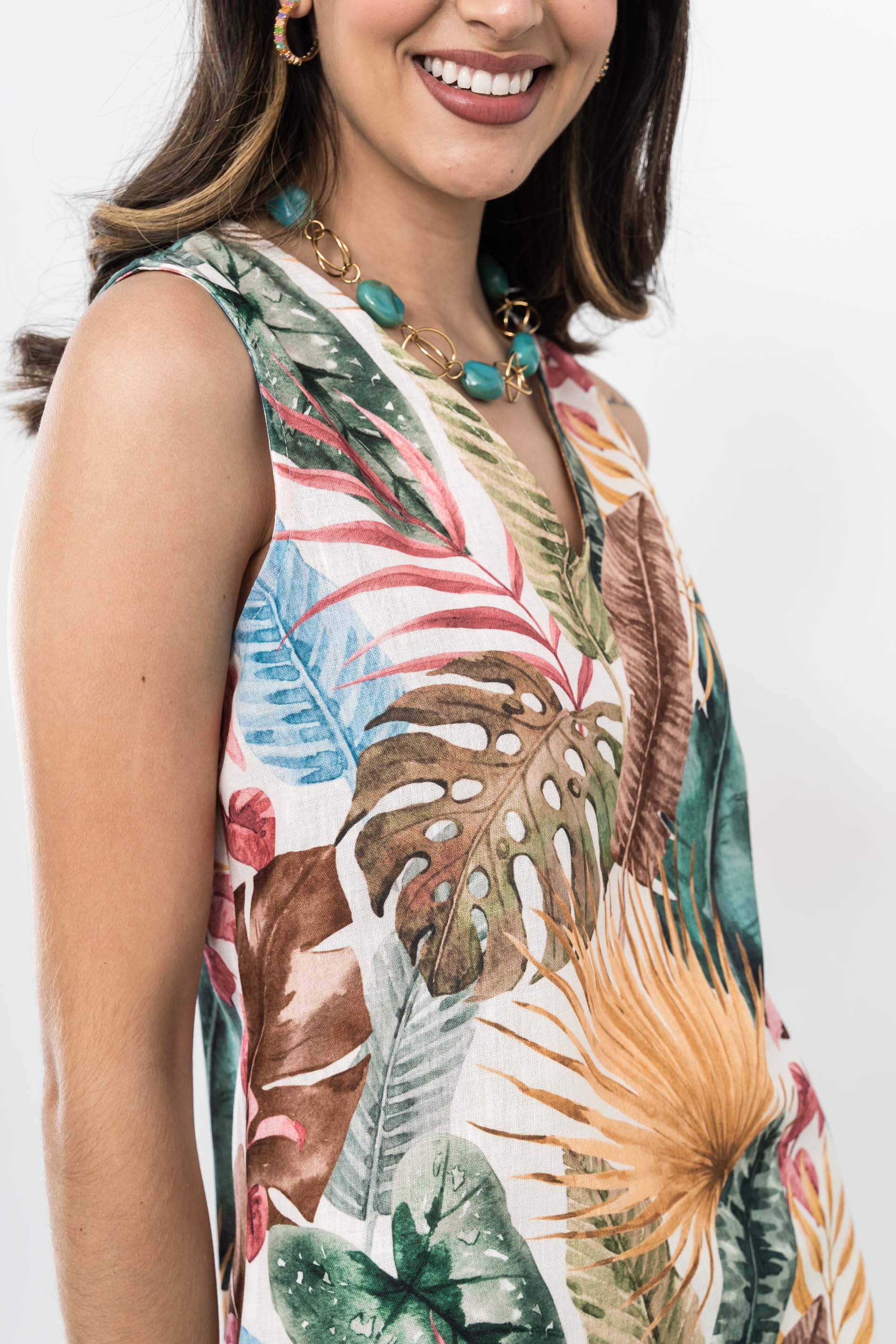 VESTIDO EFECTO LINO HOJAS