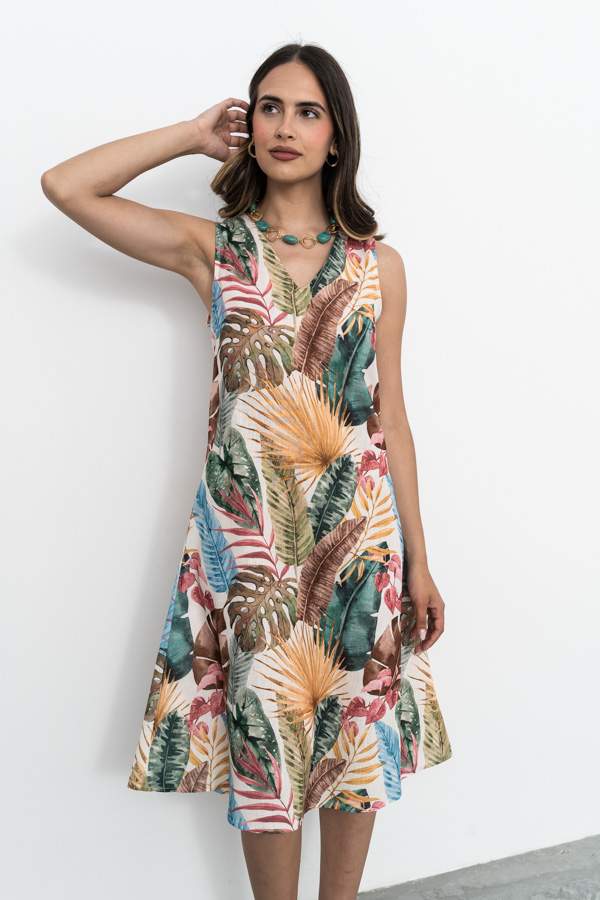 VESTIDO EFECTO LINO HOJAS