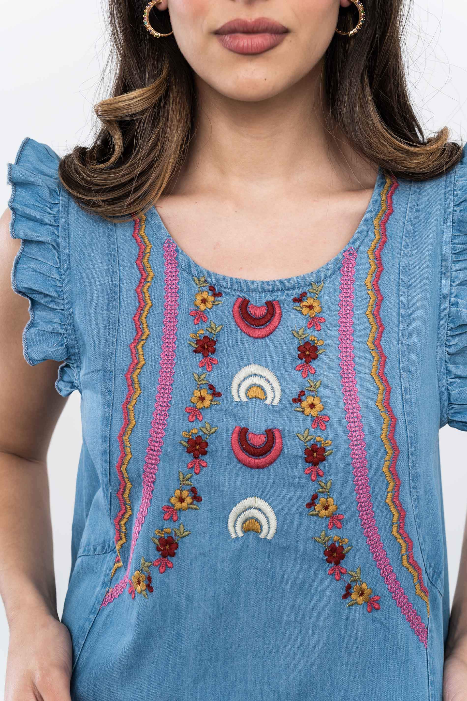 VESTIDO DENIM BORDADO VOLANTITOS