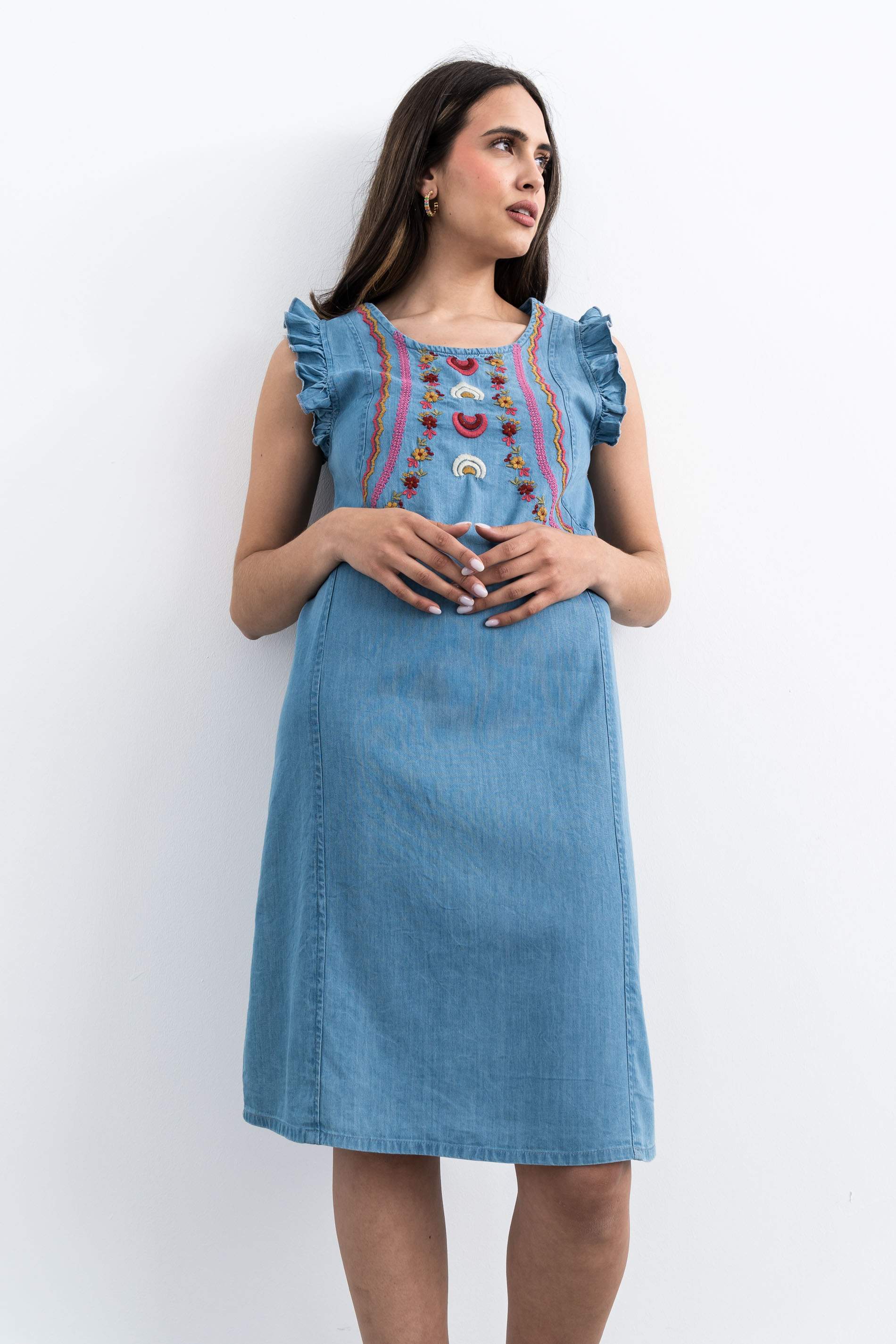 VESTIDO DENIM BORDADO VOLANTITOS