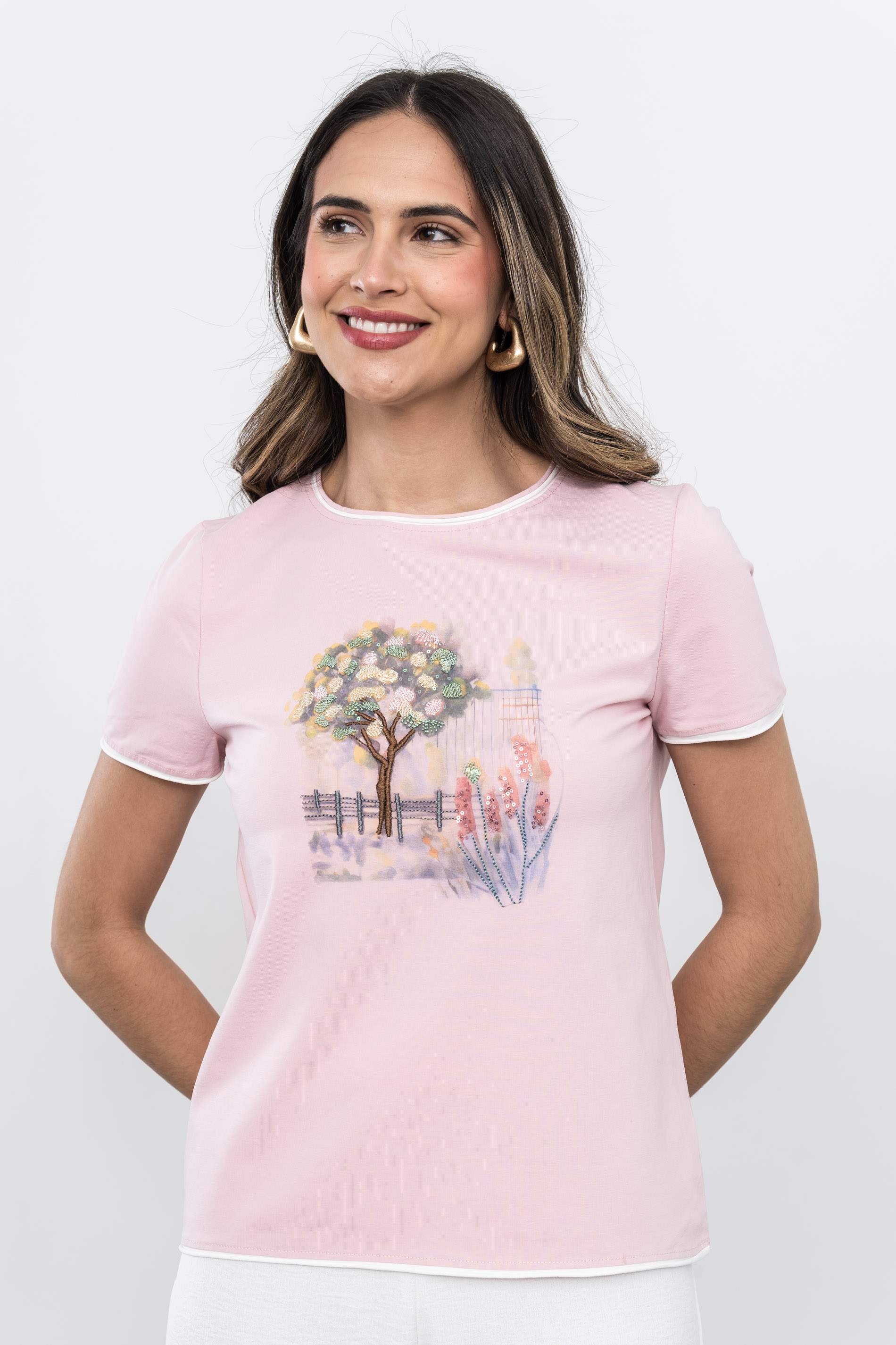CAMISETA ÁRBOL BORDADO ROSA