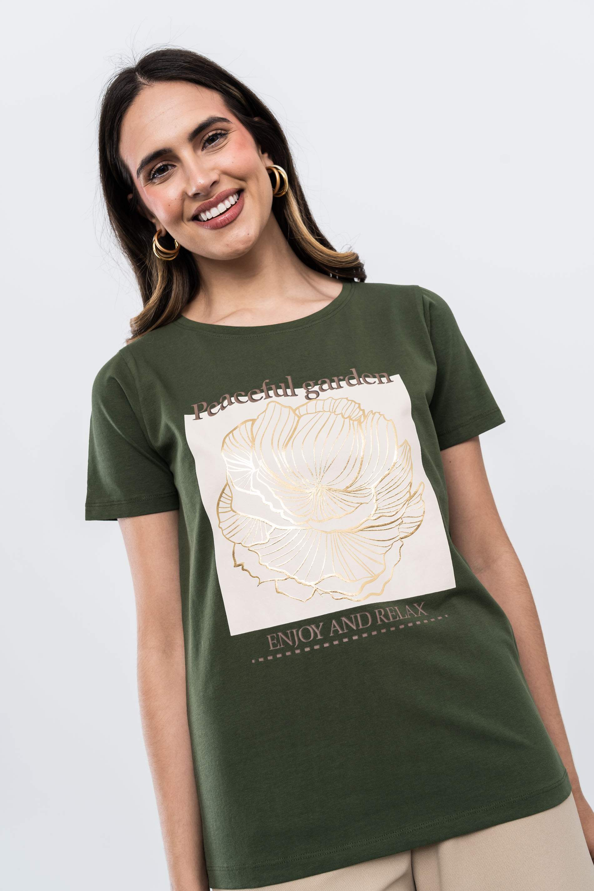CAMISETA FLOR ORO KAKI
