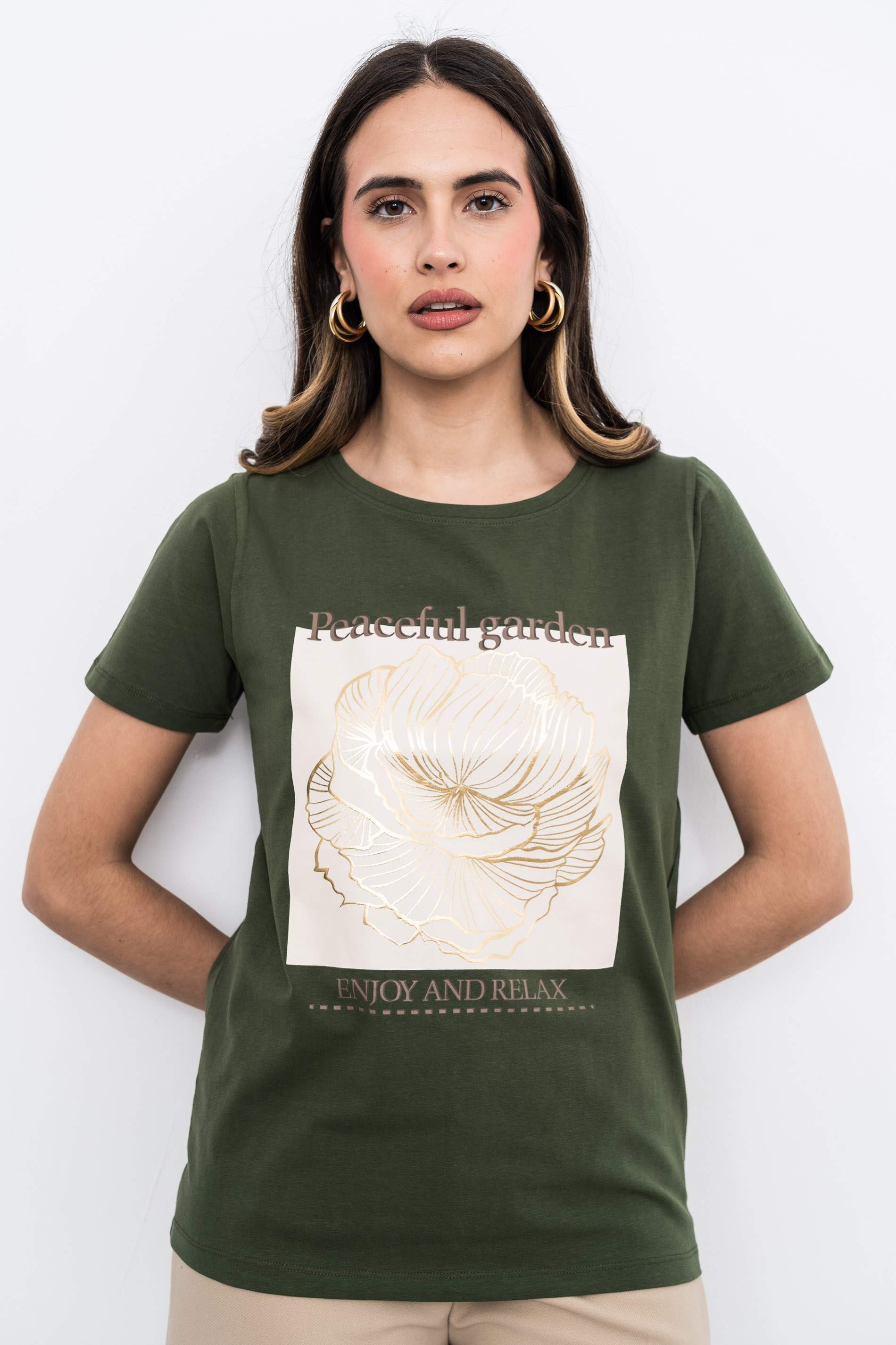 CAMISETA FLOR ORO KAKI
