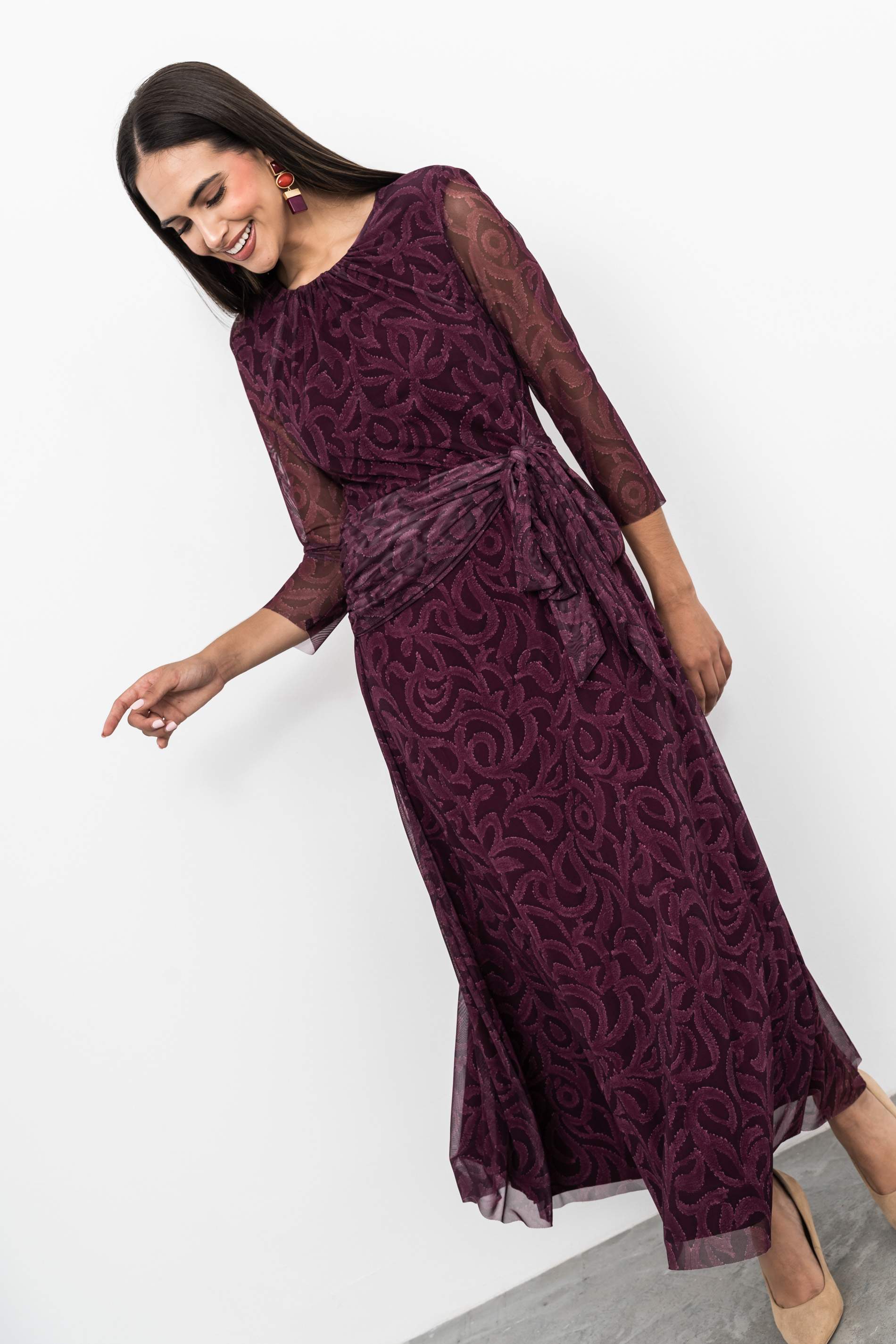 VESTIDO TUL LAZO ESTAMPADO BURDEOS