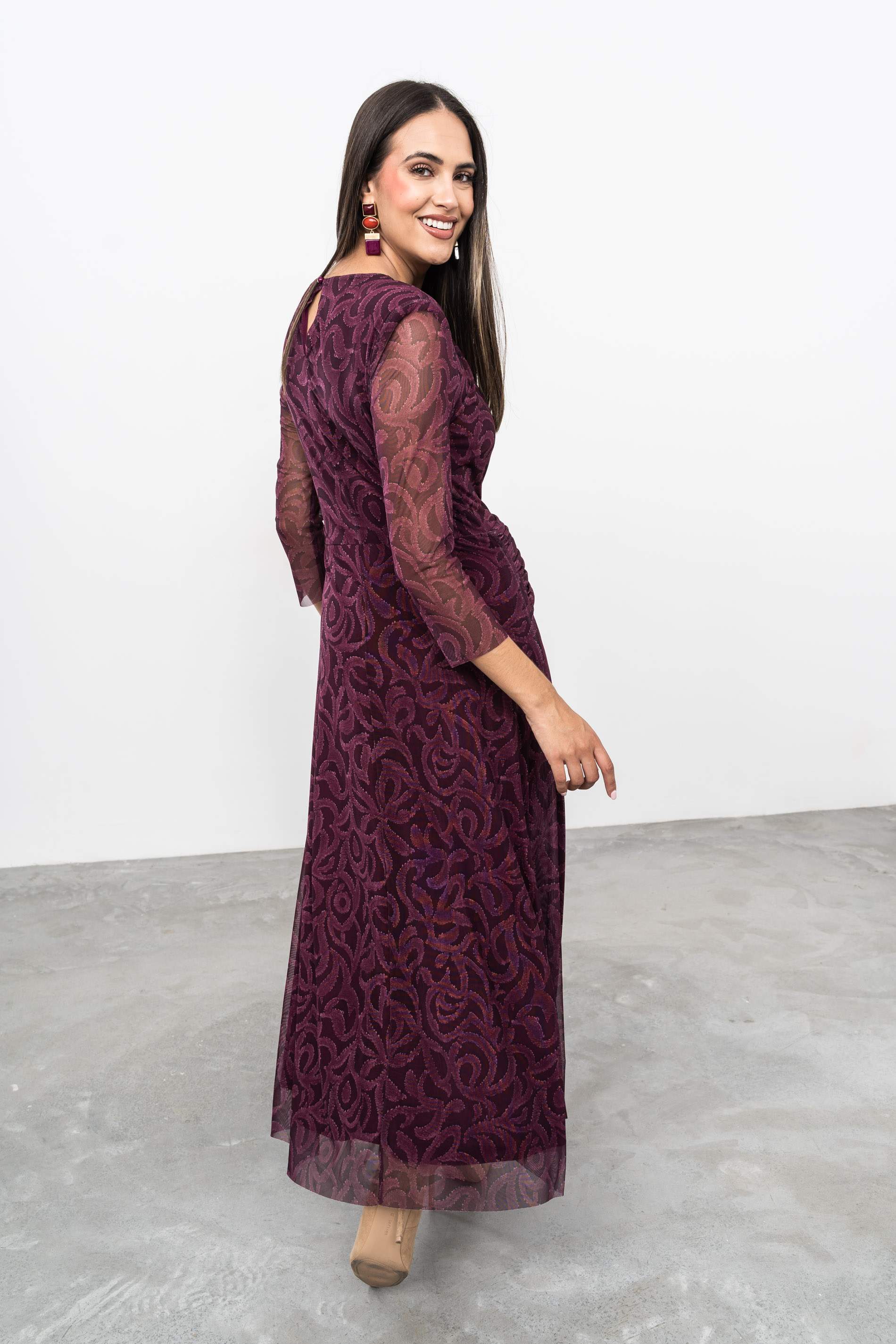 VESTIDO TUL LAZO ESTAMPADO BURDEOS