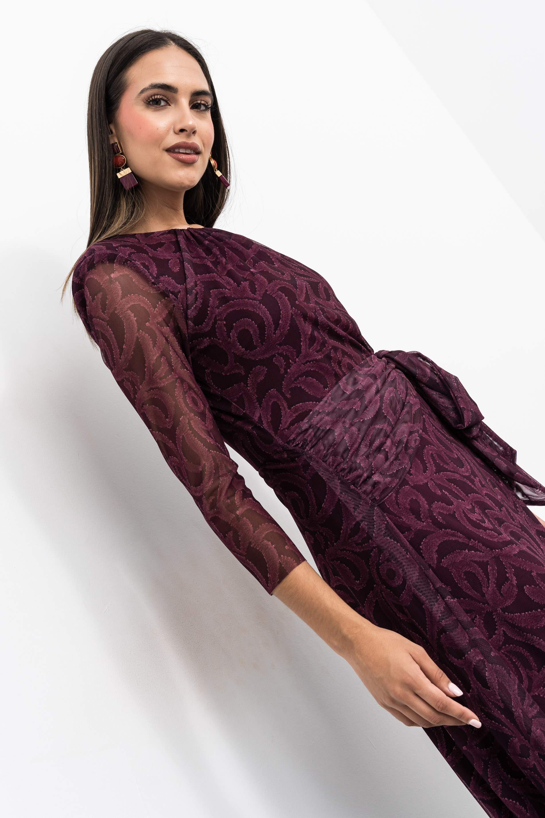 VESTIDO TUL LAZO ESTAMPADO BURDEOS