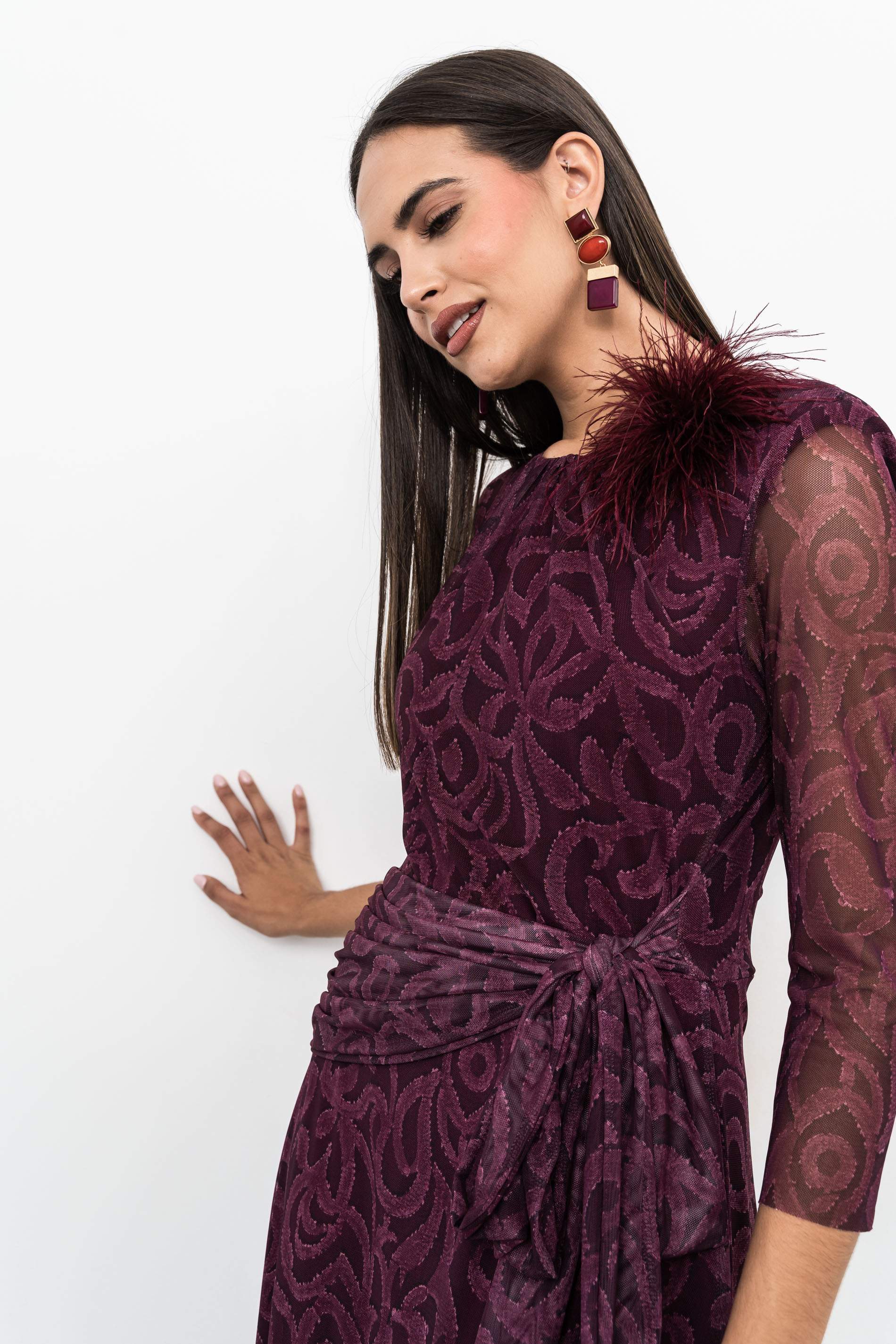VESTIDO TUL LAZO ESTAMPADO BURDEOS