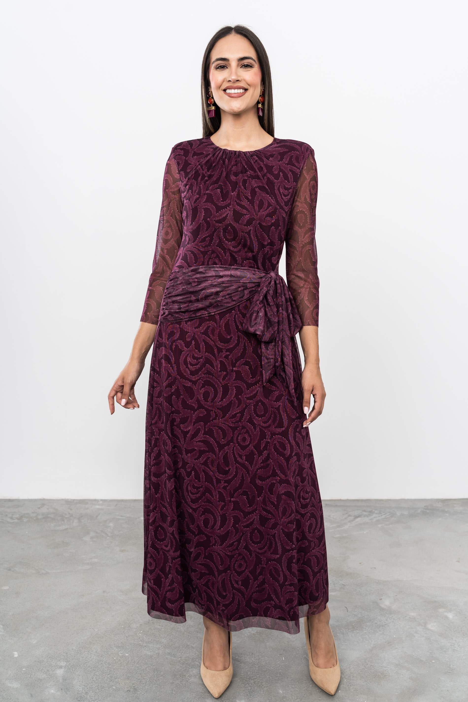 VESTIDO TUL LAZO ESTAMPADO BURDEOS