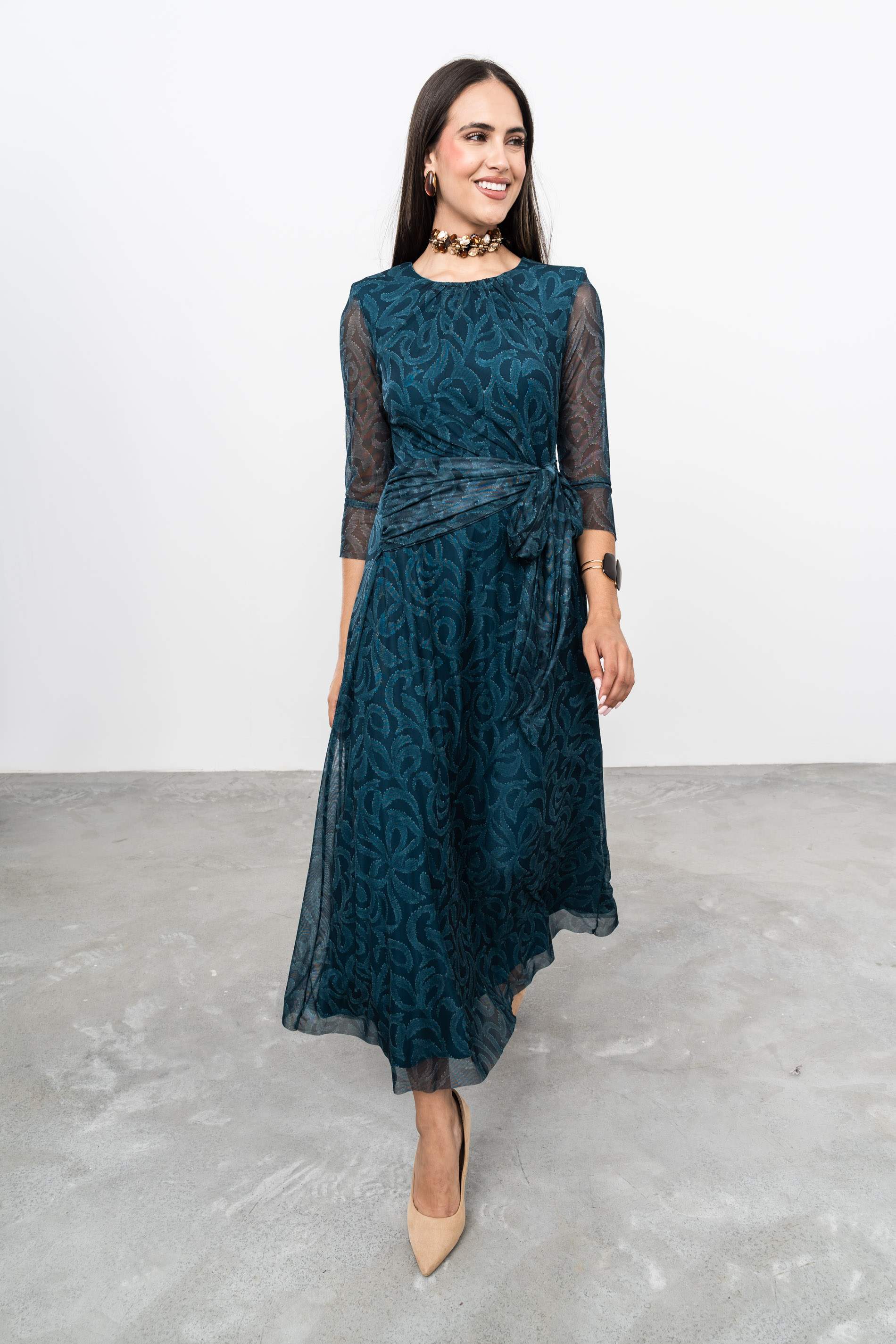 VESTIDO TUL LAZO ESTAMPADO PETROLEO