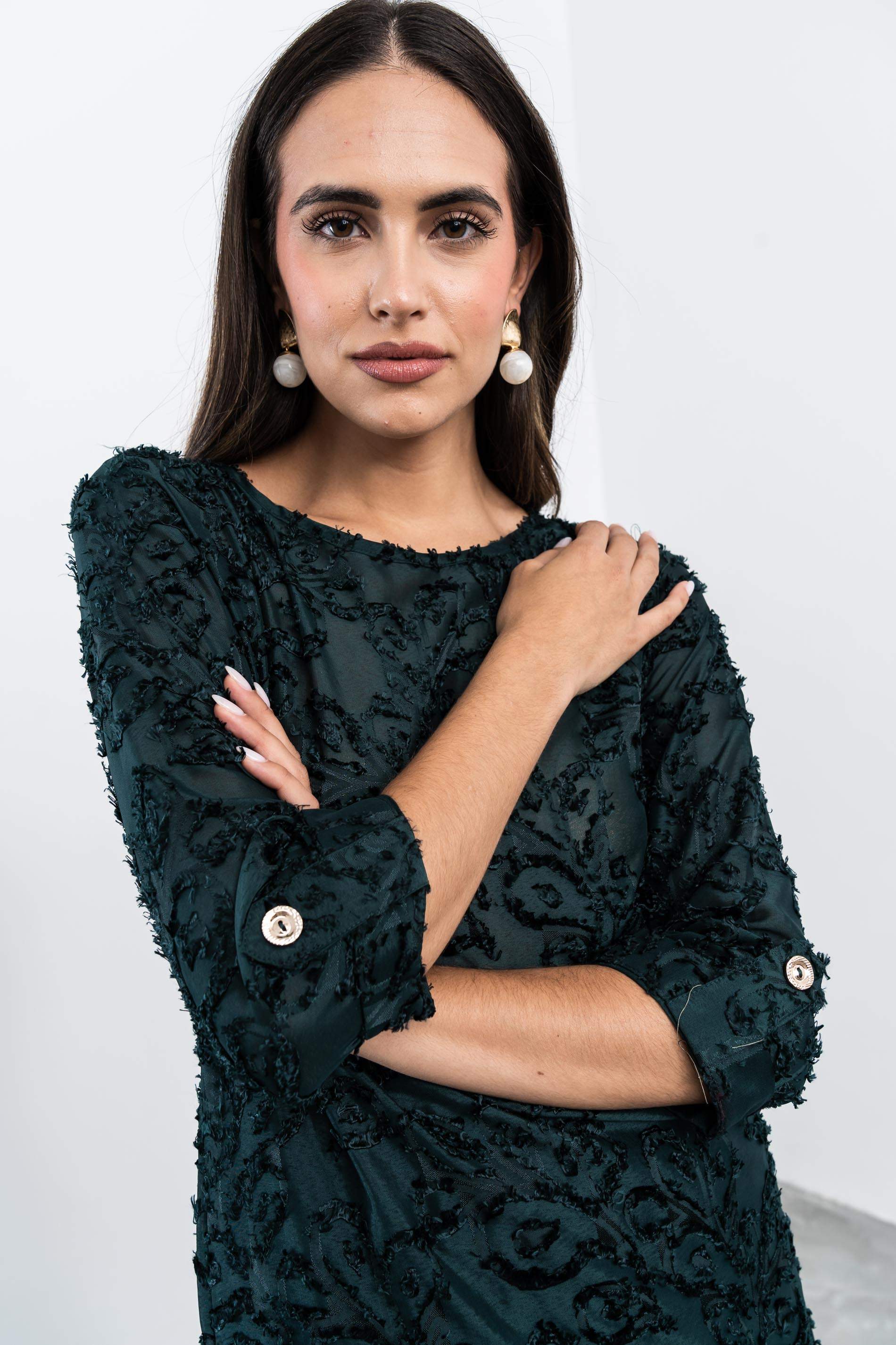 BLUSA JACQUARD BOTÓN MANGA
