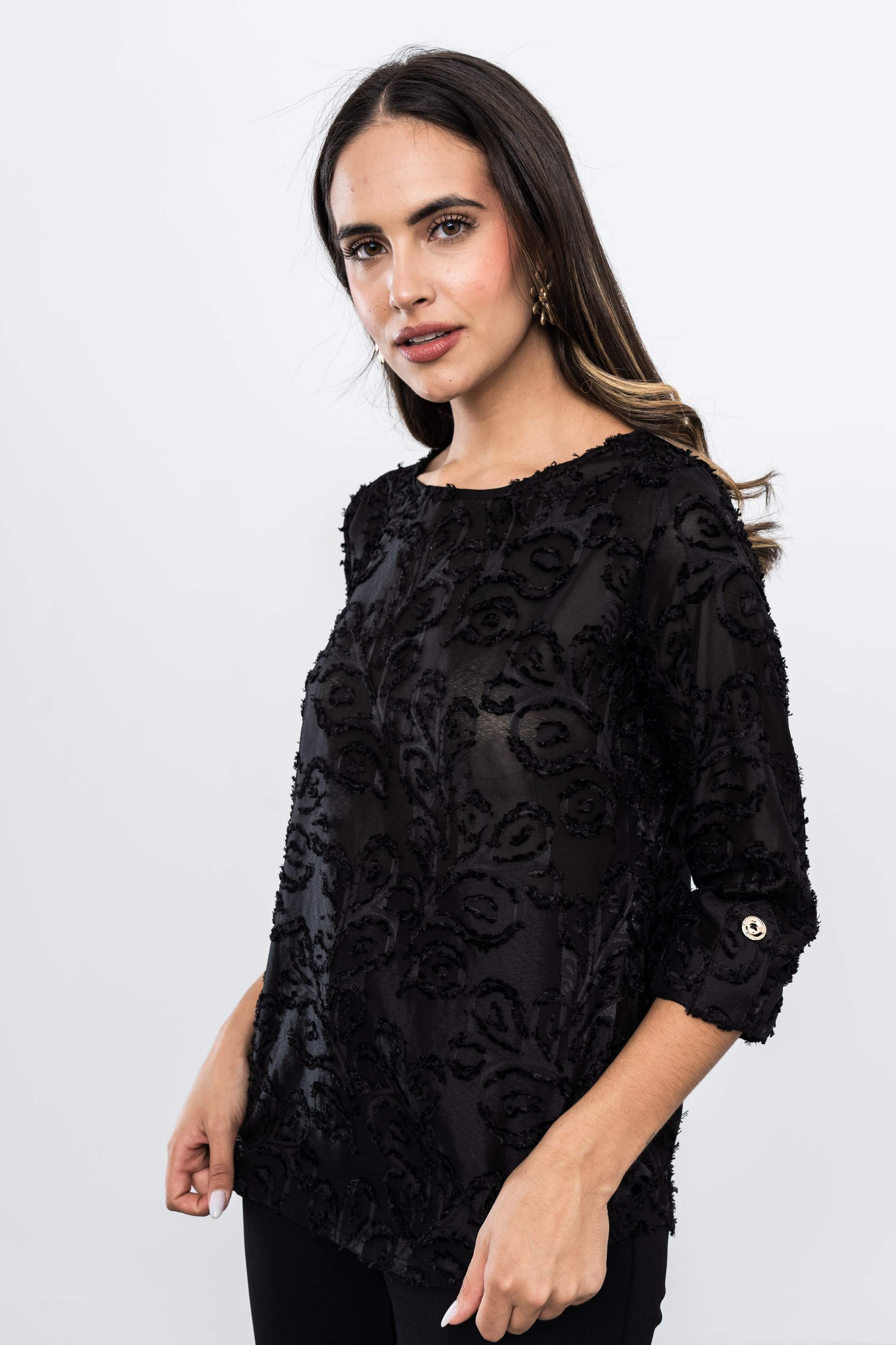 BLUSA JACQUARD BOTÓN MANGA