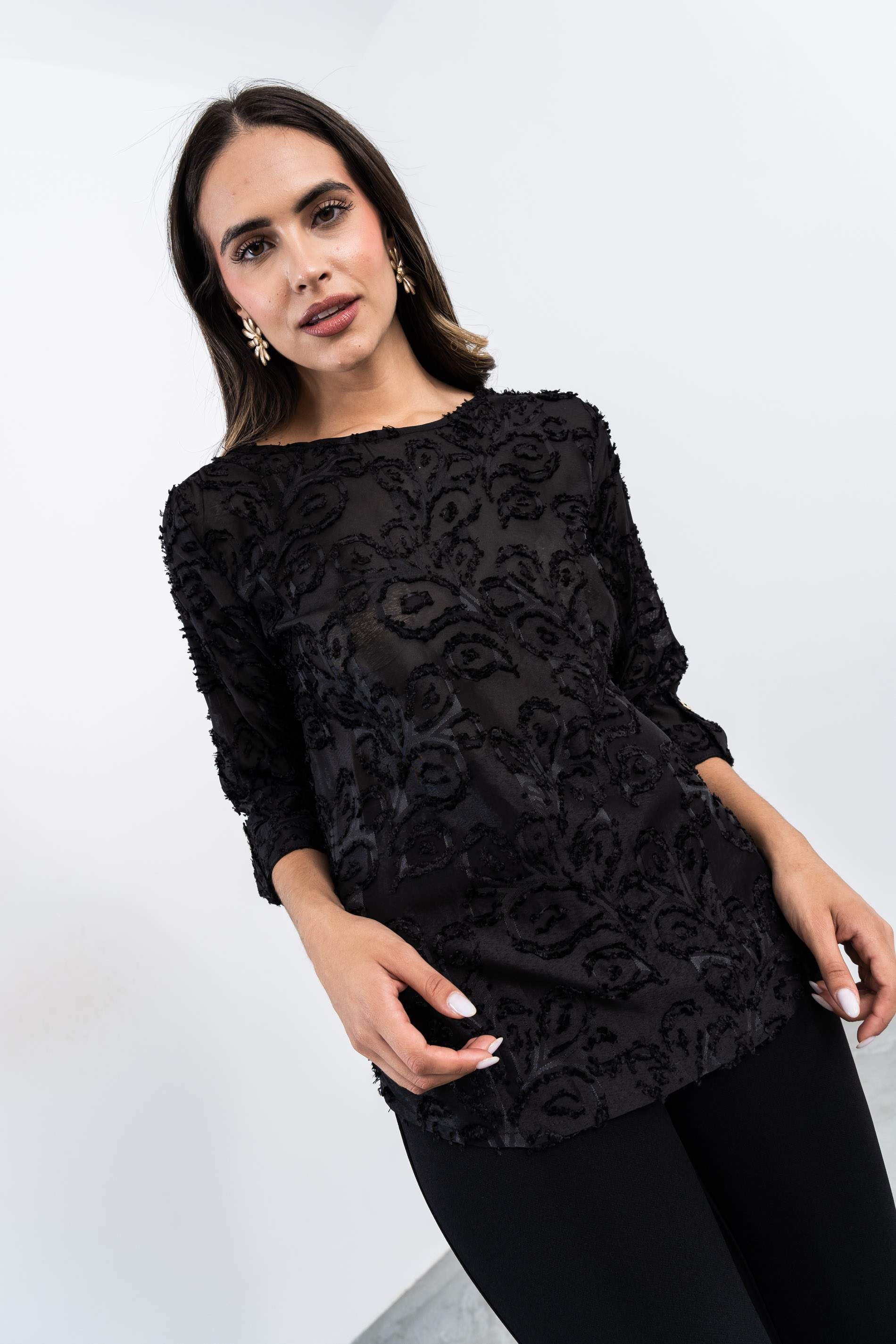 BLUSA JACQUARD BOTÓN MANGA