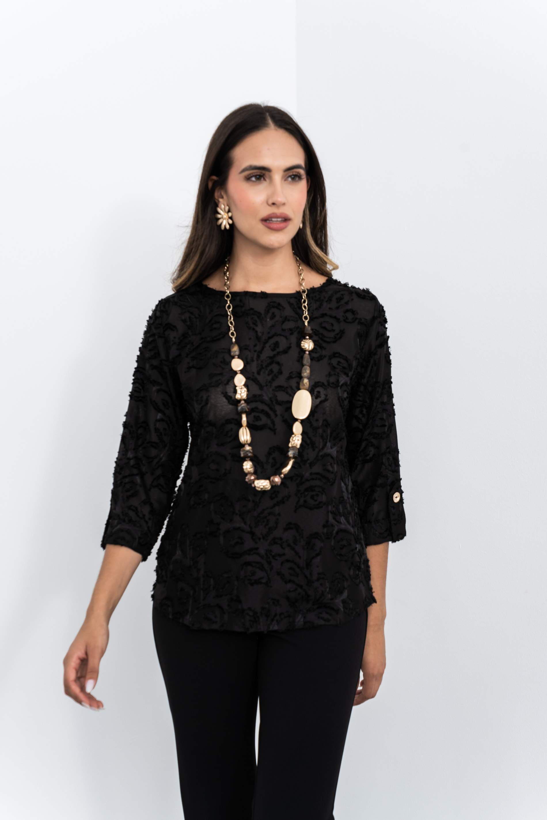 BLUSA JACQUARD BOTÓN MANGA