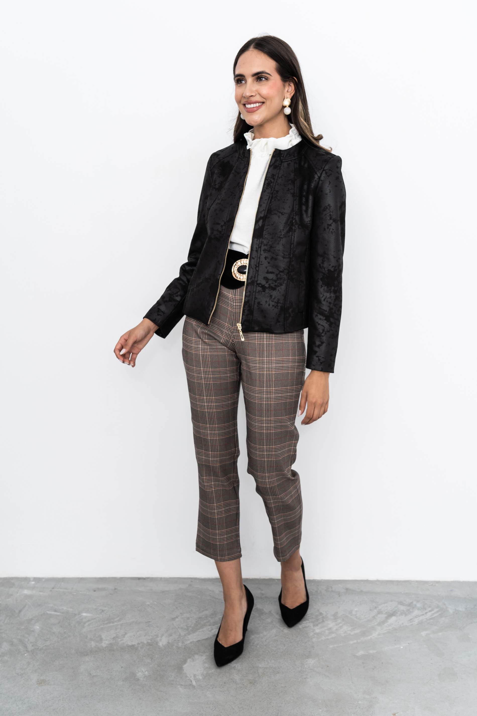 PANTALON CUADRO COMBINADO MARRÓN