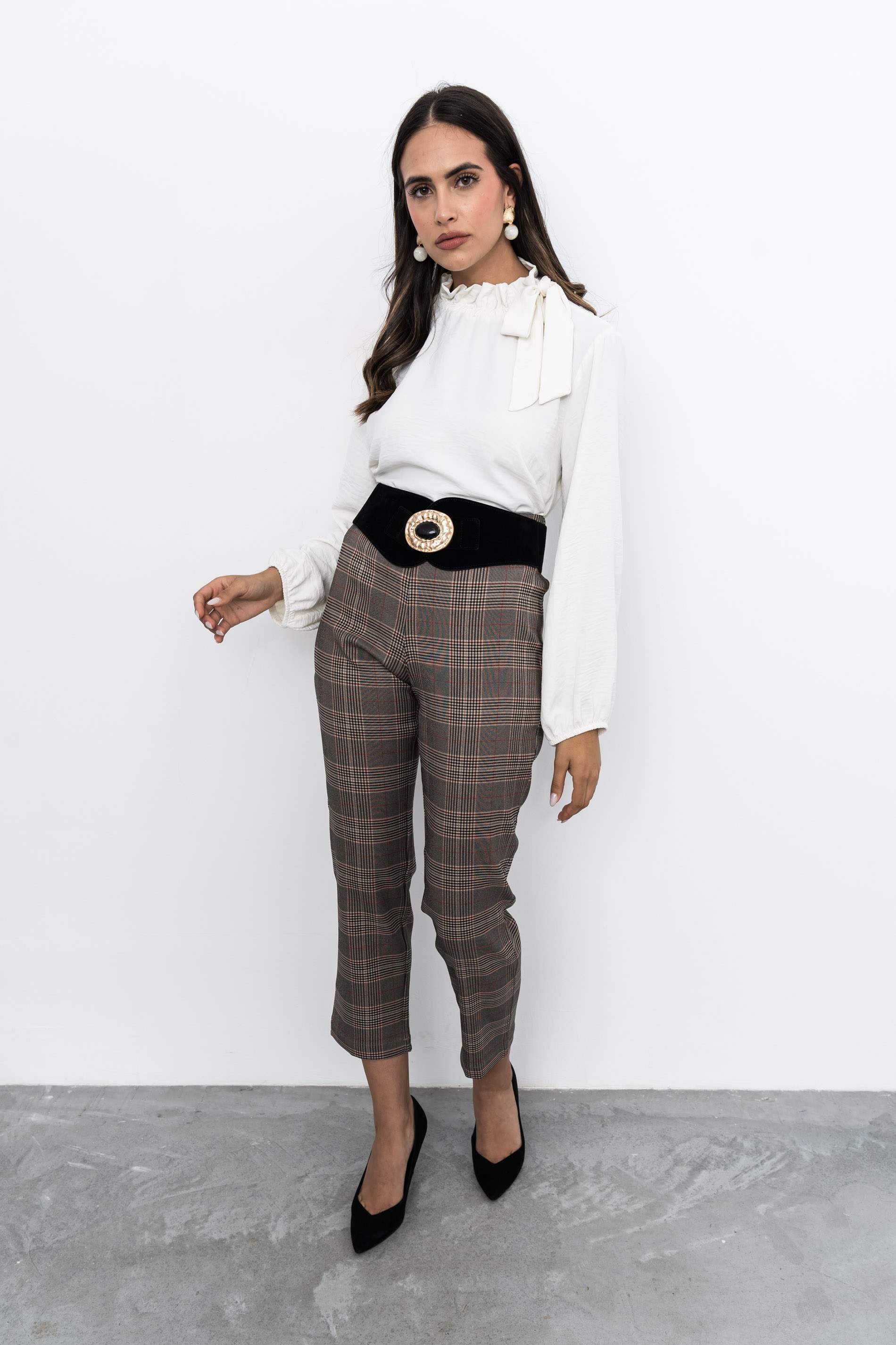 PANTALON CUADRO COMBINADO MARRÓN