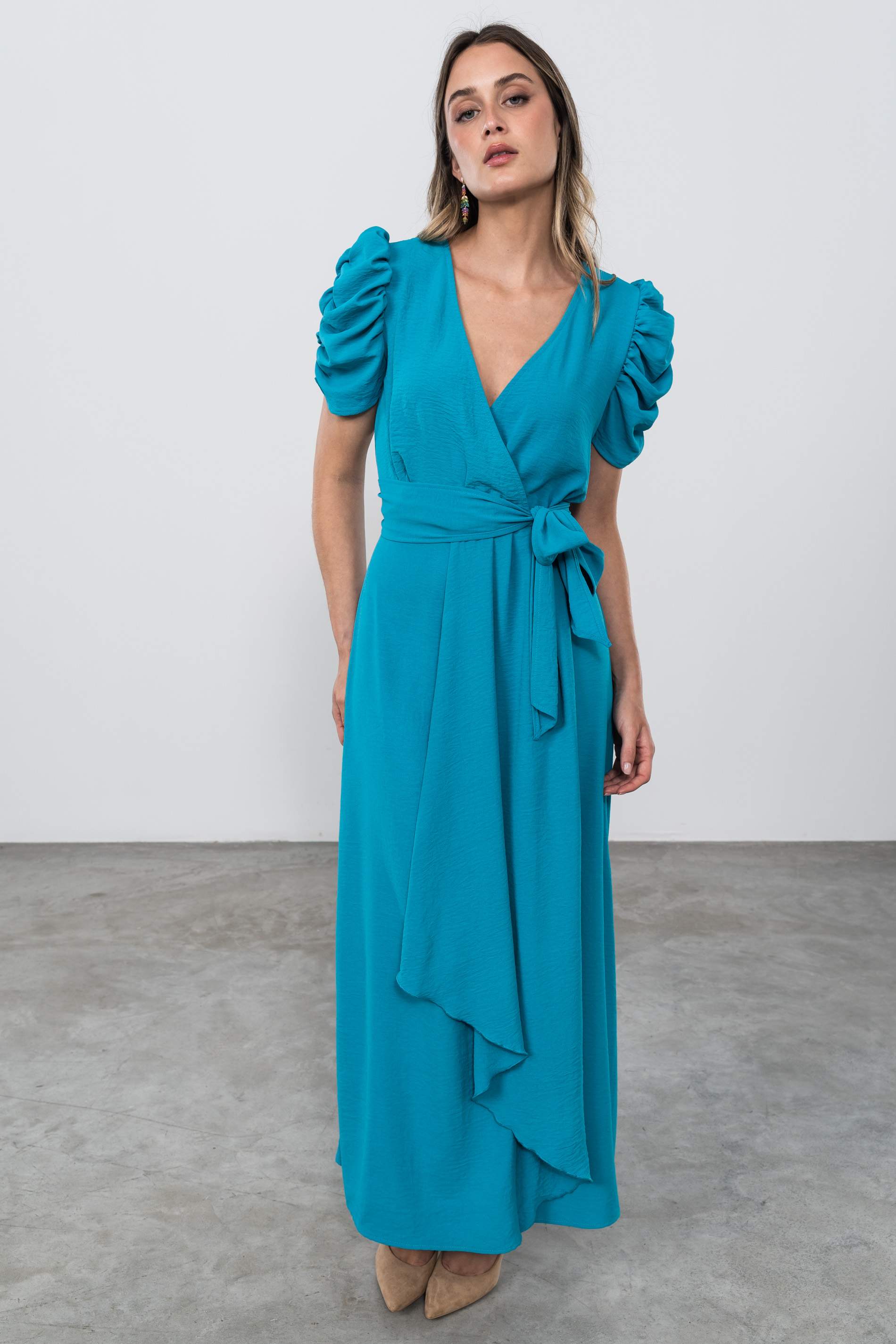 VESTIDO MANGA FRUNCES TURQUESA