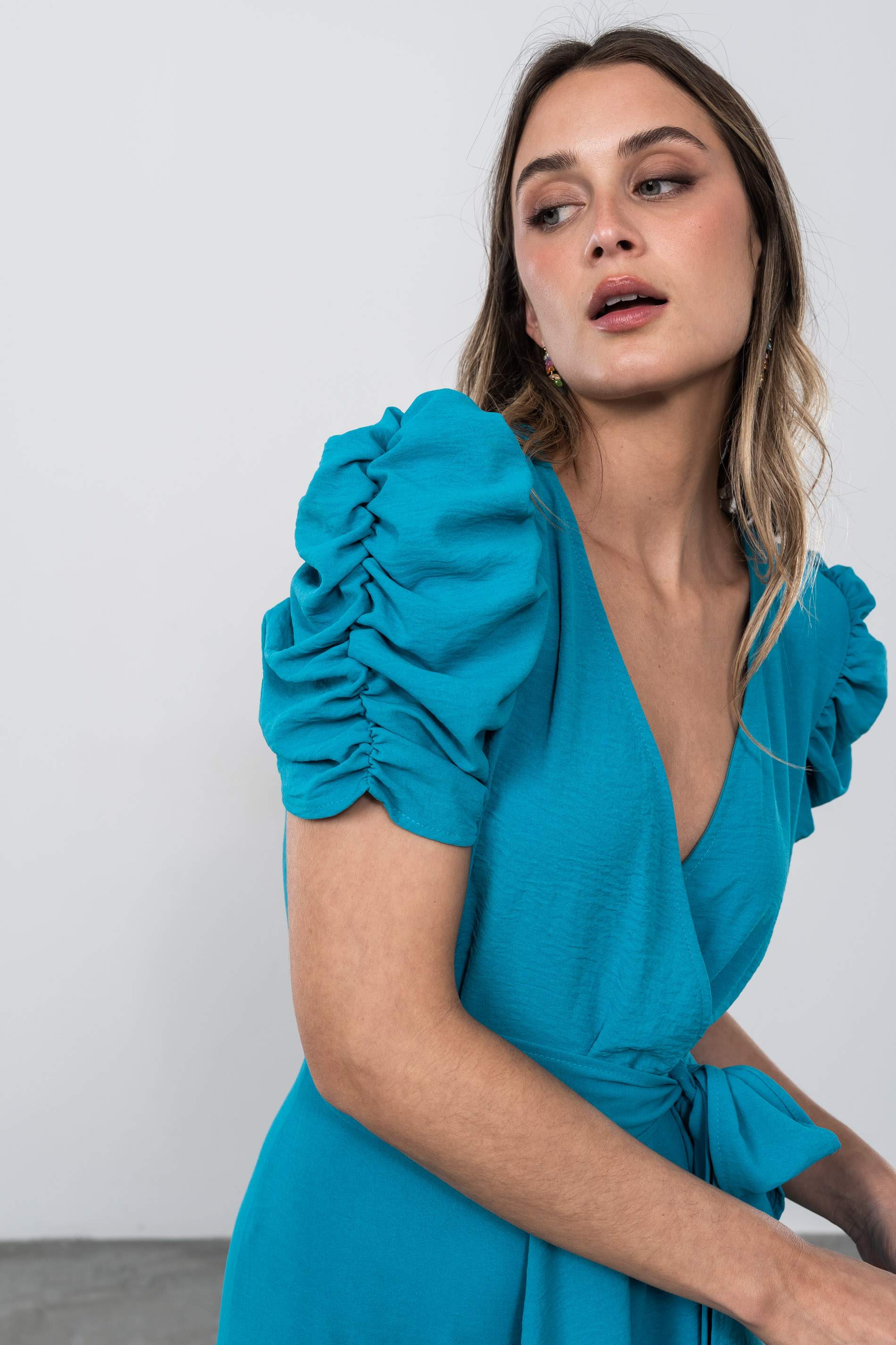 VESTIDO MANGA FRUNCES TURQUESA