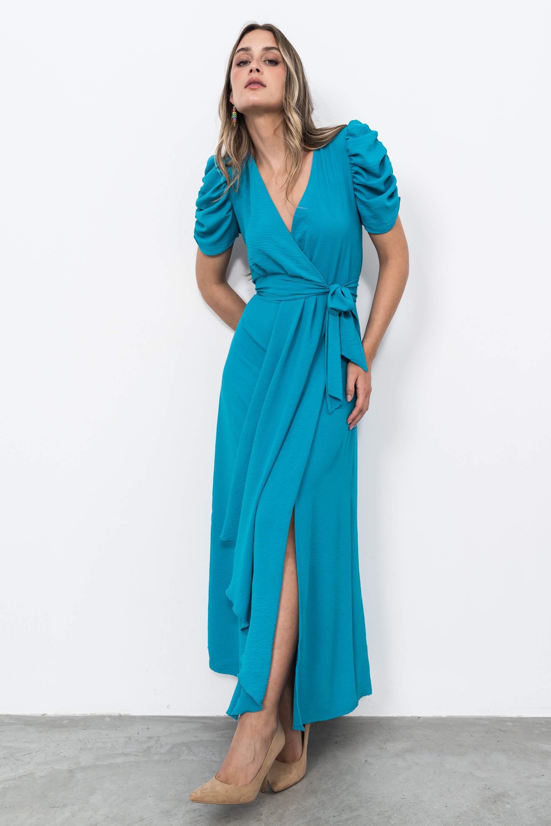 VESTIDO MANGA FRUNCES TURQUESA