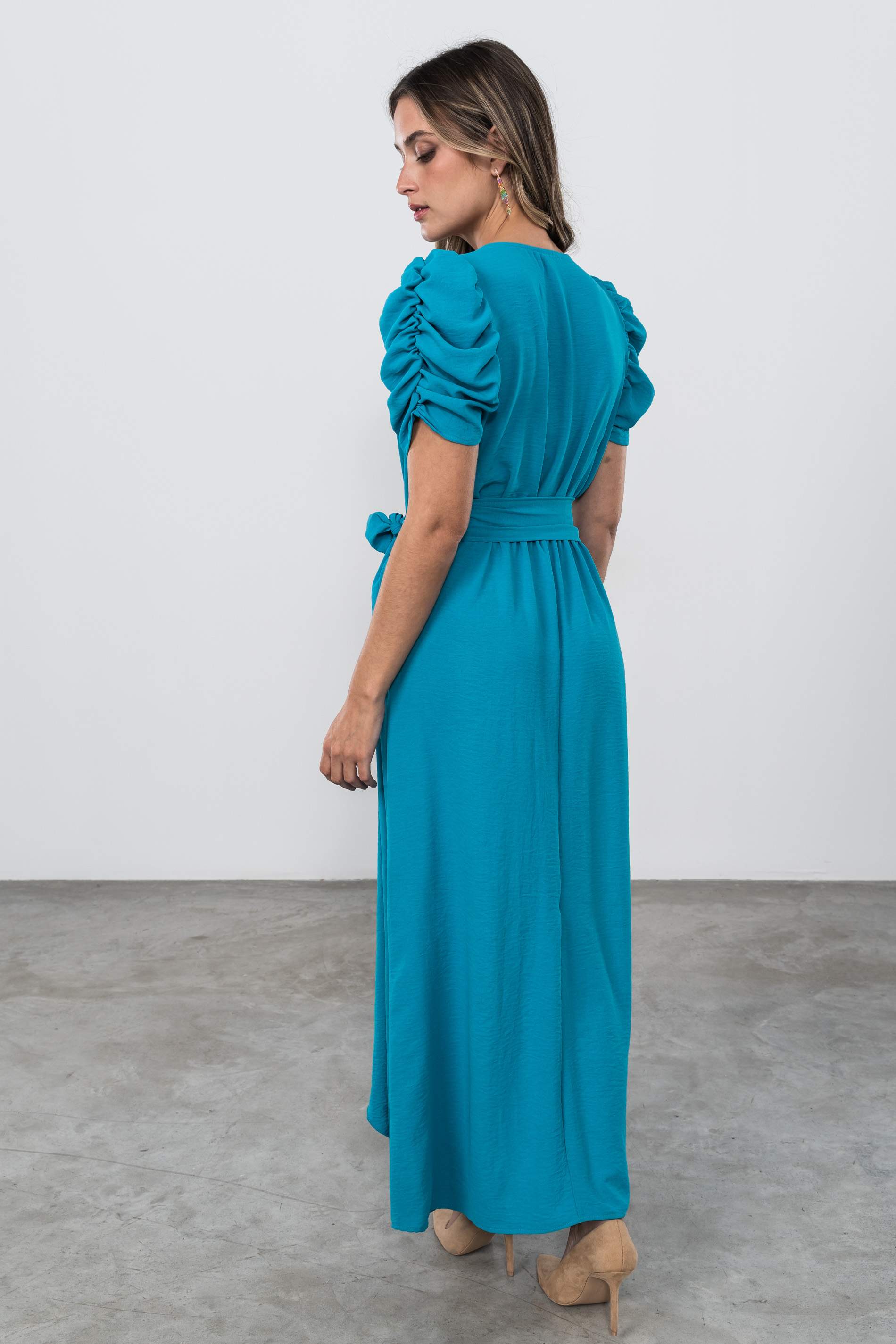 VESTIDO MANGA FRUNCES TURQUESA